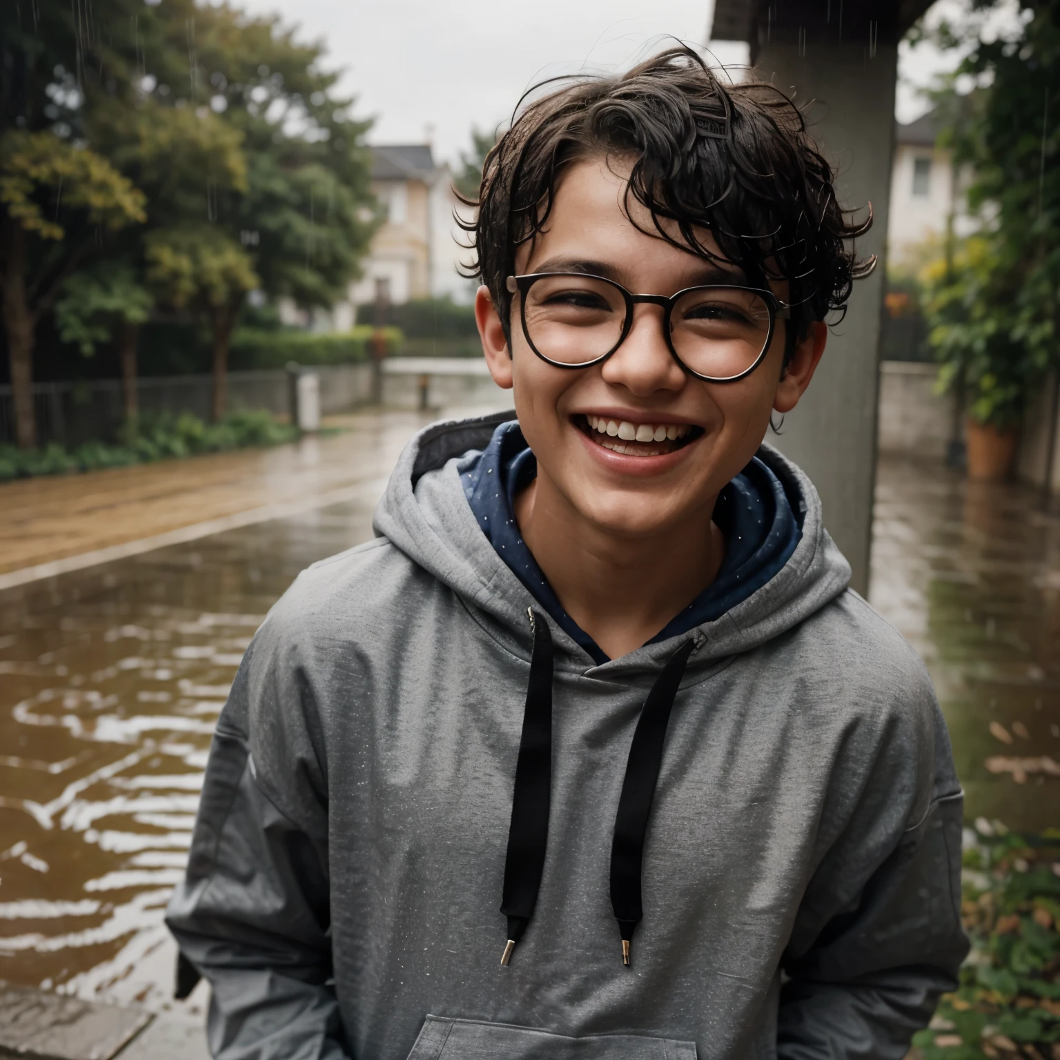 A boy with glasses and curly short hair with hoodie laughing in the rain