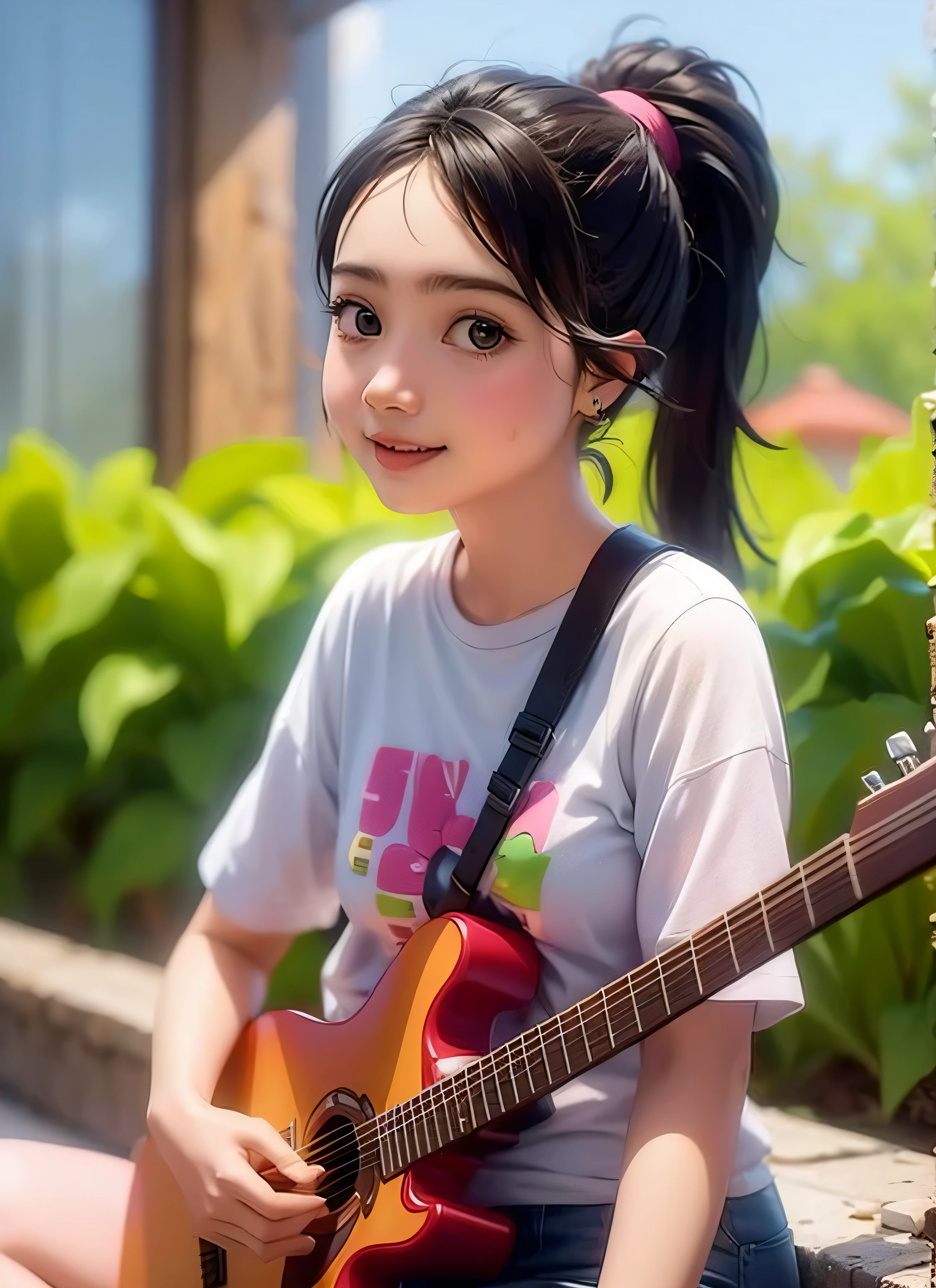 super cute girl IP by popmart,natural light,Adorable,Youthful,Animated, pixar style,Medium length hair, A young woman is sitting down and playing a guitar, wearing a white shirt. She has her hair in a ponytail and appears to be enjoying herself as she plays the instrument. The guitar is placed on her lap, with her hands gripping it firmly.