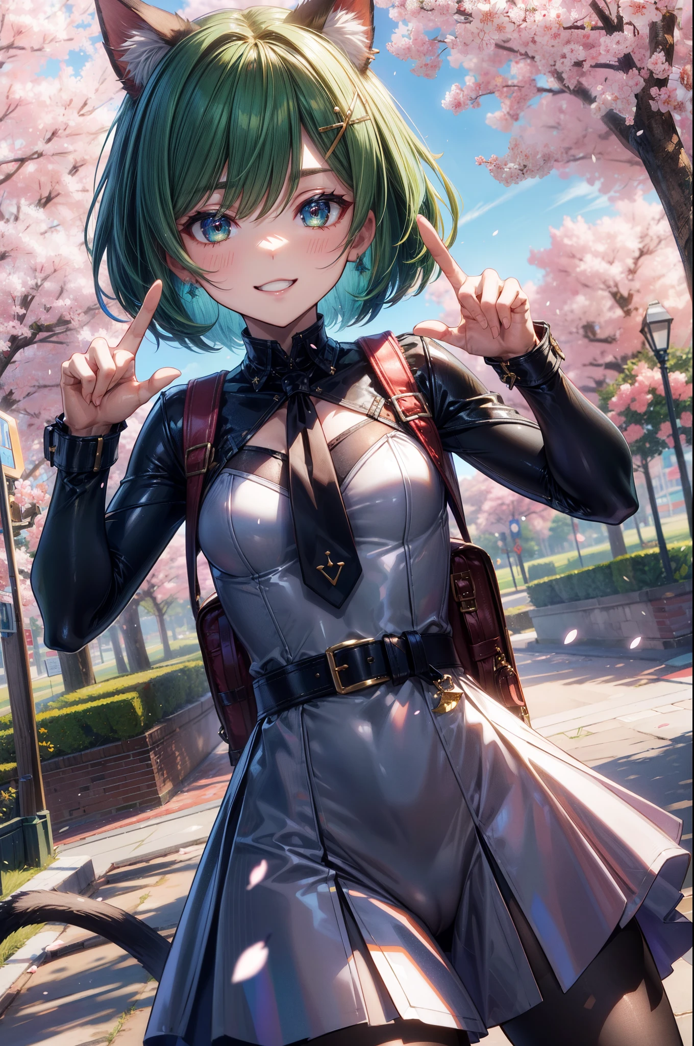 ((Dress inspired by cherry blossoms)), Cherry blossom petals are dancing, mechanical knee joint, ((triangle shaped tie)), ((black pantyhose)), ((deltamon_beta:1.5)), (carrying a backpack), (a tail growing from the butt), break, short hair, ((green hair1.5)), (cat ears a green), bob cut, (((4 defined fingers))), (((1 defined thumb))), (looking at viewer), break, sexy, ((solo)), (1 woman), ((25 years old)), ((highest quality)), ((masterpiece)), (familiar),  skindentation, perfect face, 8k , upper body, break, break, blue eye, beautiful princess, smile, medium breasts, perfect limbs, (visible nipples:0.7), (camel toe:0.5), sexy, (sexy pose), ((metallic costume)), (dutch angle), dynamic pose, arms behind back, small park,