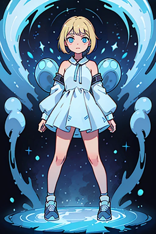 12 year old girl. blonde hair with blue high-lights. blue eyes. wearing an ocean dress . wearing blue sneakers. wearing white. standing straight. arms at the side. facing forward.whole body can be seen. cosmic background.