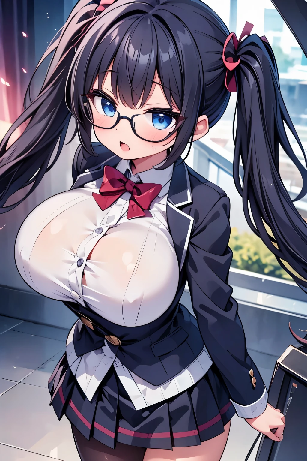 highest quality,wonderful,finely,extremely detailed CG Unity 8K wallpaper,1 girl,(huge breasts)(Aura:1.4),open your mouth, black hair, glasses, blue eyes,twin tails