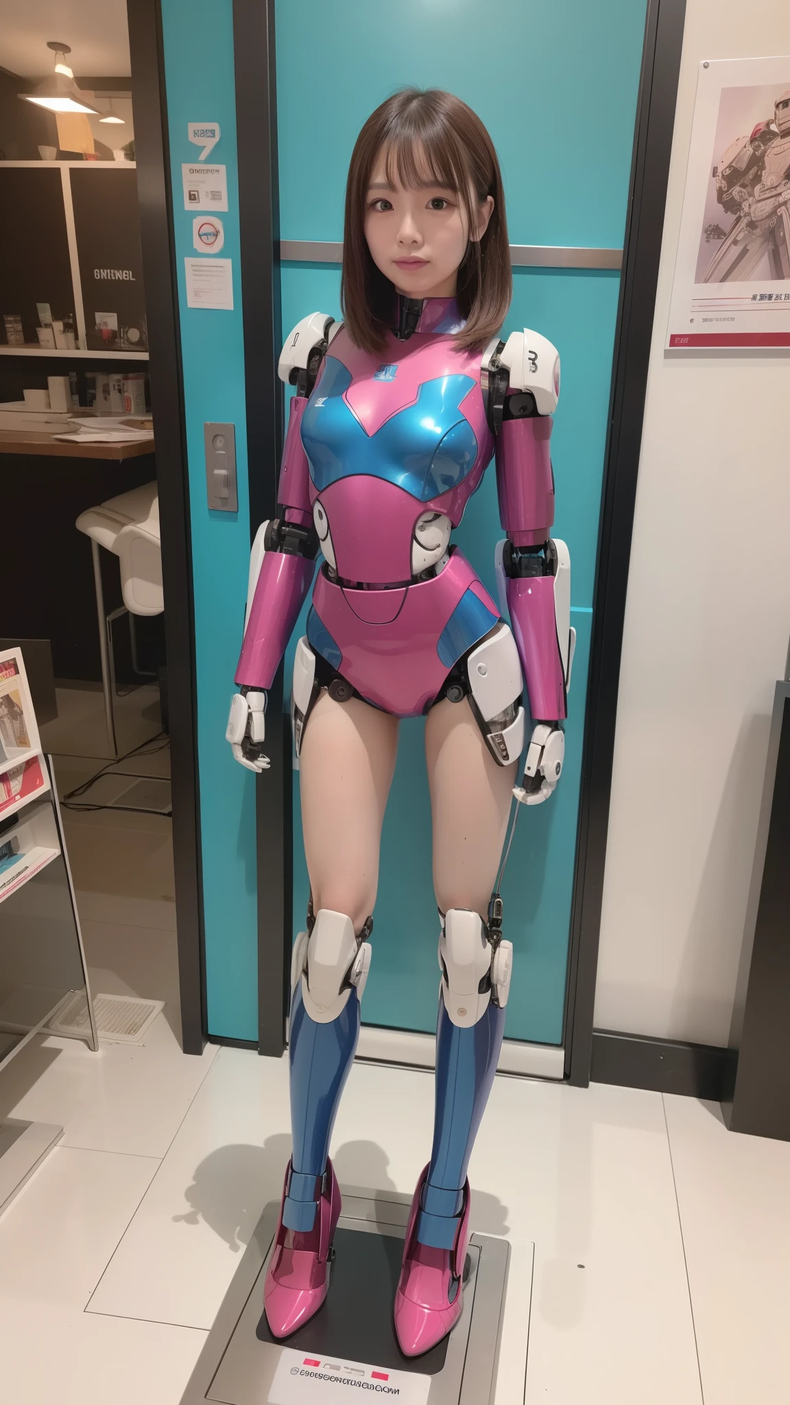 (Photorealsitic:1.4)、one robot woman、(top-quality)、(hyperdetailed face)、(Super well-formed face)、(Robot Parts)、(Female-Robot)、(25 years-old)、(Blue)、(pink there)、(Burgundy)、(metallic)、(full-body)、(sexy pose)、(Slender body)、(Model body type)、(full body mech)、(mechanical exposure)、(Akihabara)、(is looking at the camera)、(A brown-haired)、(Well-proportioned body)、(a small face)、(a small head)、(well-groomed fingers)、(Idol)、(front facing)、(Standing with legs open)、(Photo session)、(Looks sad)、(perfect-female-robot)、(perfect-mechanical-body)