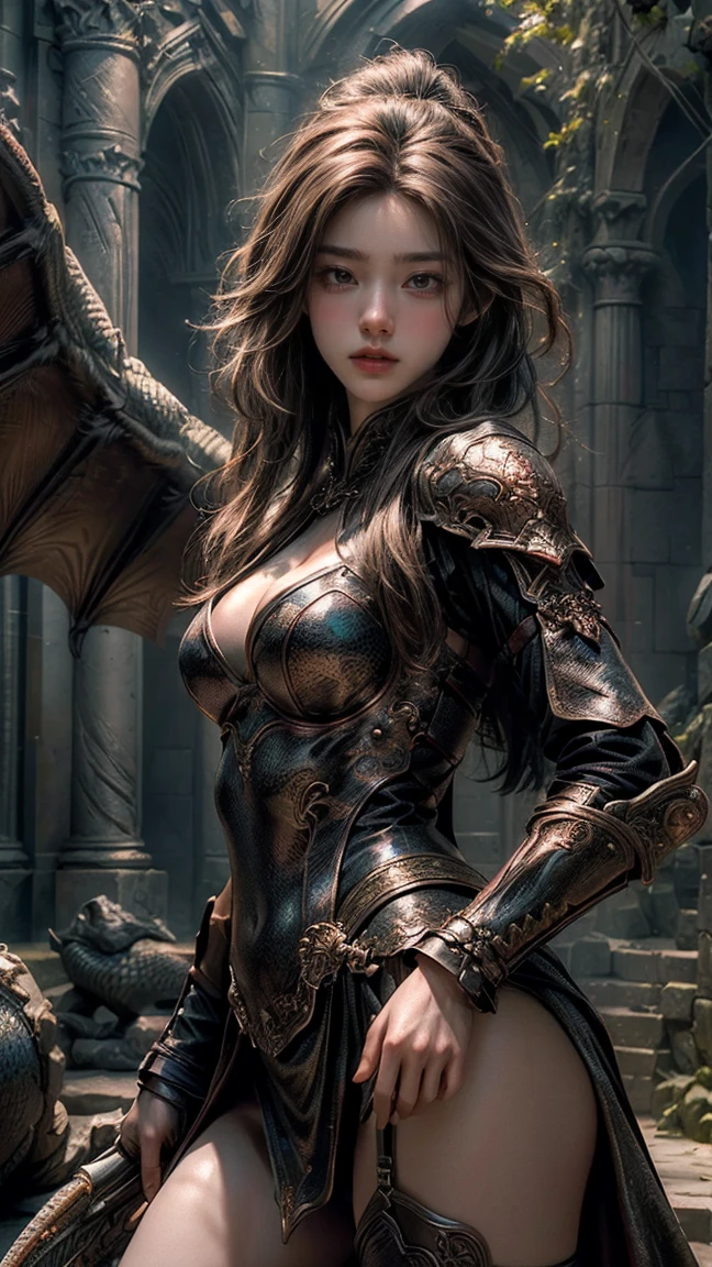 ((masterpiece, highest quality, Highest image quality, High resolution, photorealistic, Raw photo, 8K)), Dungeons & Dragons, A huge stone hall, A front view of a female warrior fighting a giant dragon that breathes fire, 