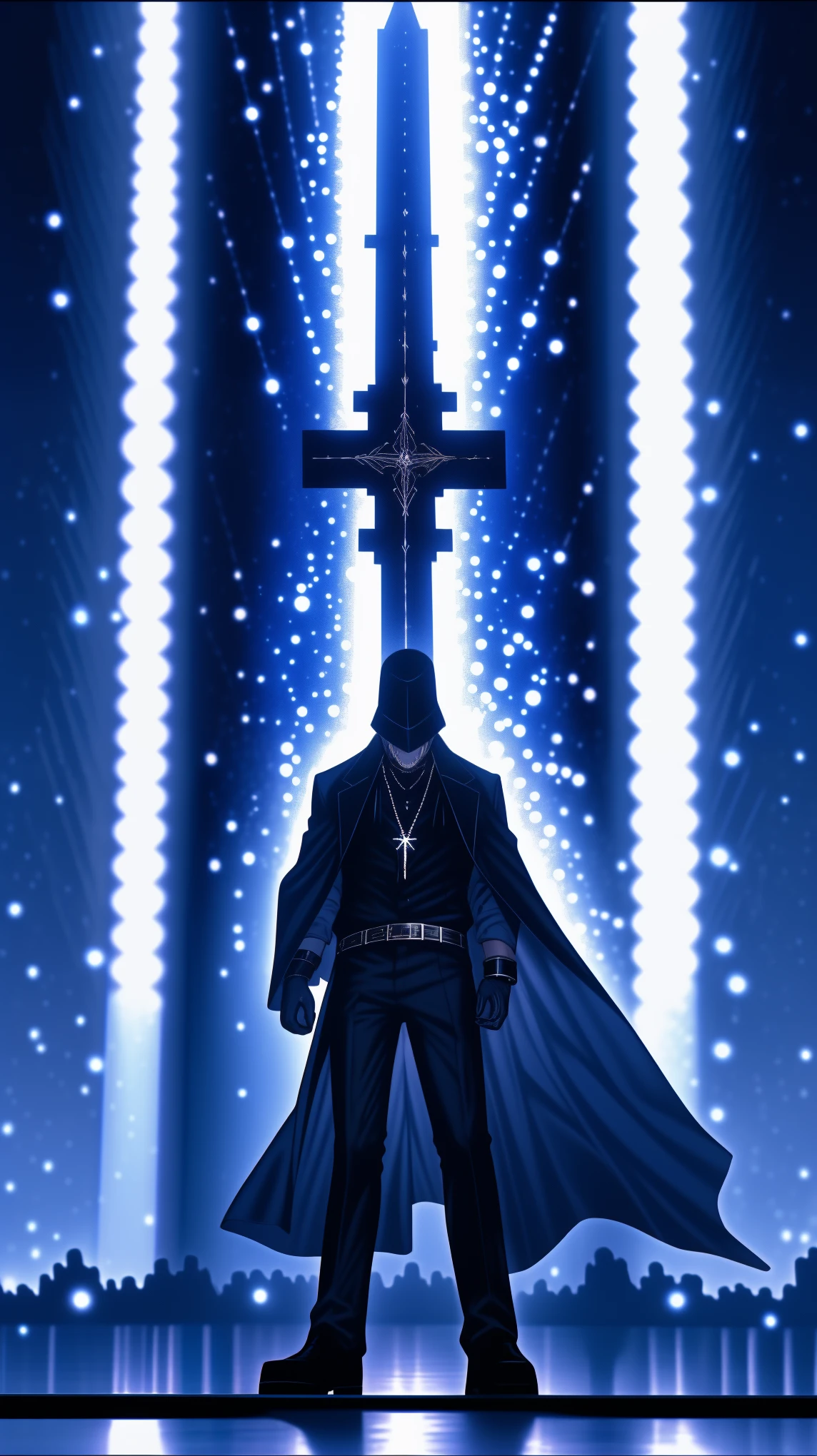 demon hunter, equipped with two pistols, with a large hat that partially covers his face, a masculine and battle-hardened man, wearing a long black trench coat, symbols of protection all over his body, purple glasses, pendants on his neck, rosary religious, ruthless and professional, work boots and an old watch in a pocket, in the background a city with a bell tower where the bells ring, dark atmosphere, 3d illustration, high quality, realistic and highly detailed, a masterpiece,Physically based representation，sosteniendo el arma con ambas manos，apuntar a ti