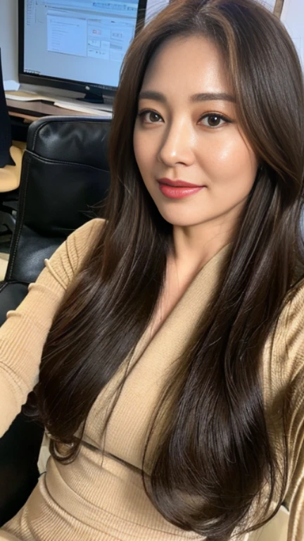 Highly detailed face and skin texture, fine eyes, double eyelid，((mature adult woman))、((middle-aged women))、((55 years old))、 attraction，Tight Skirt，Brown semi-long hair，on the office chair，skirt that hugs the hips，big breast don&#39;leak， High resolution facial features，gentle smile、