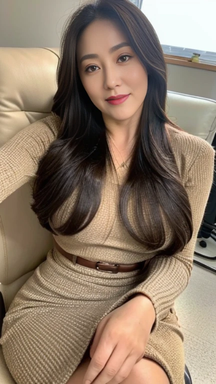 Highly detailed face and skin texture, fine eyes, double eyelid，((mature adult woman))、((middle-aged women))、((55 years old))、 attraction，Tight Skirt，Brown semi-long hair，on the office chair，skirt that hugs the hips，big breast don&#39;leak， High resolution facial features，gentle smile、