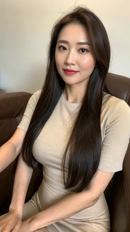 Highly detailed face and skin texture, fine eyes, double eyelid，((mature adult woman))、((middle-aged women))、((55 years old))、 attraction，Tight Skirt，Brown semi-long hair，on the office chair，skirt that hugs the hips，big breast don&#39;leak， High resolution facial features，gentle smile、