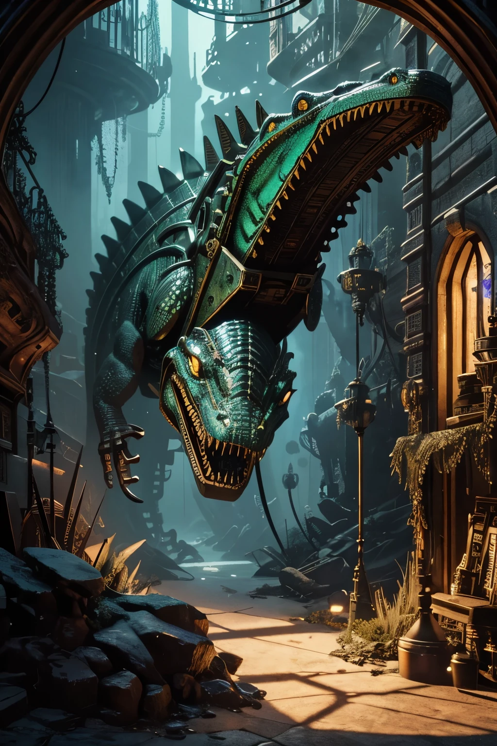 (best quality,4k,highres),steampunk alligator creature in a psychedelic mirror,infinitely repeated in a strange and surreal landscape,with vibrant colors and surreal lighting,reflecting its transformation from a clay figure to a mechanical steampunk beast,wearing a top hat and goggles,with rusty gears and cogwheels,emanating steam and emitting an aura of mystery and mechanical marvels,its metallic scales glistening under the otherworldly light,in a world where reality and fantasy blend seamlessly,creating an atmosphere of enchantment and wonder.