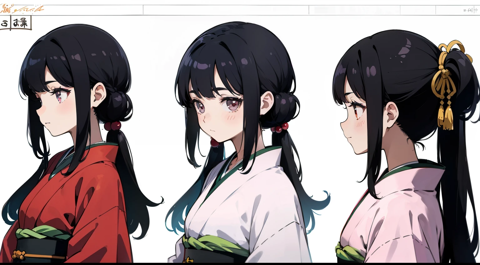 16 years old, Black Hair Girl, Hair length to the armpits (((happy flirty look))) ,japanese kimono, ((Odango hairstyle)) (((detailed character sheet, Front view, Side view, 3/4 view)))