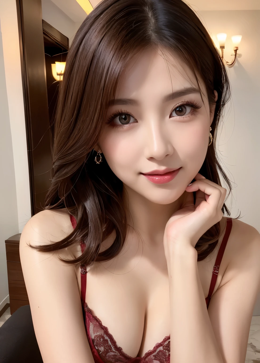 ulzzang-6500-v1.1, (Raw photo:1.2), (Photoreal), (See-through:1.3), (genuine:1.4), (woman, 22 years ago), (medium breasts:1.3), belly button, hotel room、Sit on the bed with your knees bent、 ((grab the viewer&#39;s hand)), (master piece: 1.3), (maximum resolution: 1.4), (ultra hd: 1.2), cinematic light, ultra hd, (fine eyes and skin), (detailed facial features), nffsw, 8K resolution, perfect style, beautiful expression、Highly detailed face and skin texture、detailed eye、double eyelid、glitter eyeliner:1.2、(eye shadow:1.3)、thin cheeks、(pure white skin:1.3)、shiny earrings,red rouge:1.2、glossy lips:1.2、((full body shot:1.2))、((from a very intimate distance:1.1))、(See-through:1.3), ((Luxury Silk Lingerie:1.3))、high heels、(layered hairstyles、Dark pink hair)、medium long hair、(very affectionate smile:1.2)