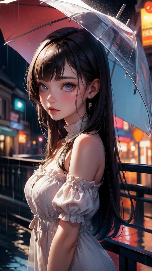 Cute Girl, cowboy shot,((Best quality, 8k, lace maxi dress, standing in the rain, red light district, highly detailed face and skin texture, detailed eyes, double eyelids.)