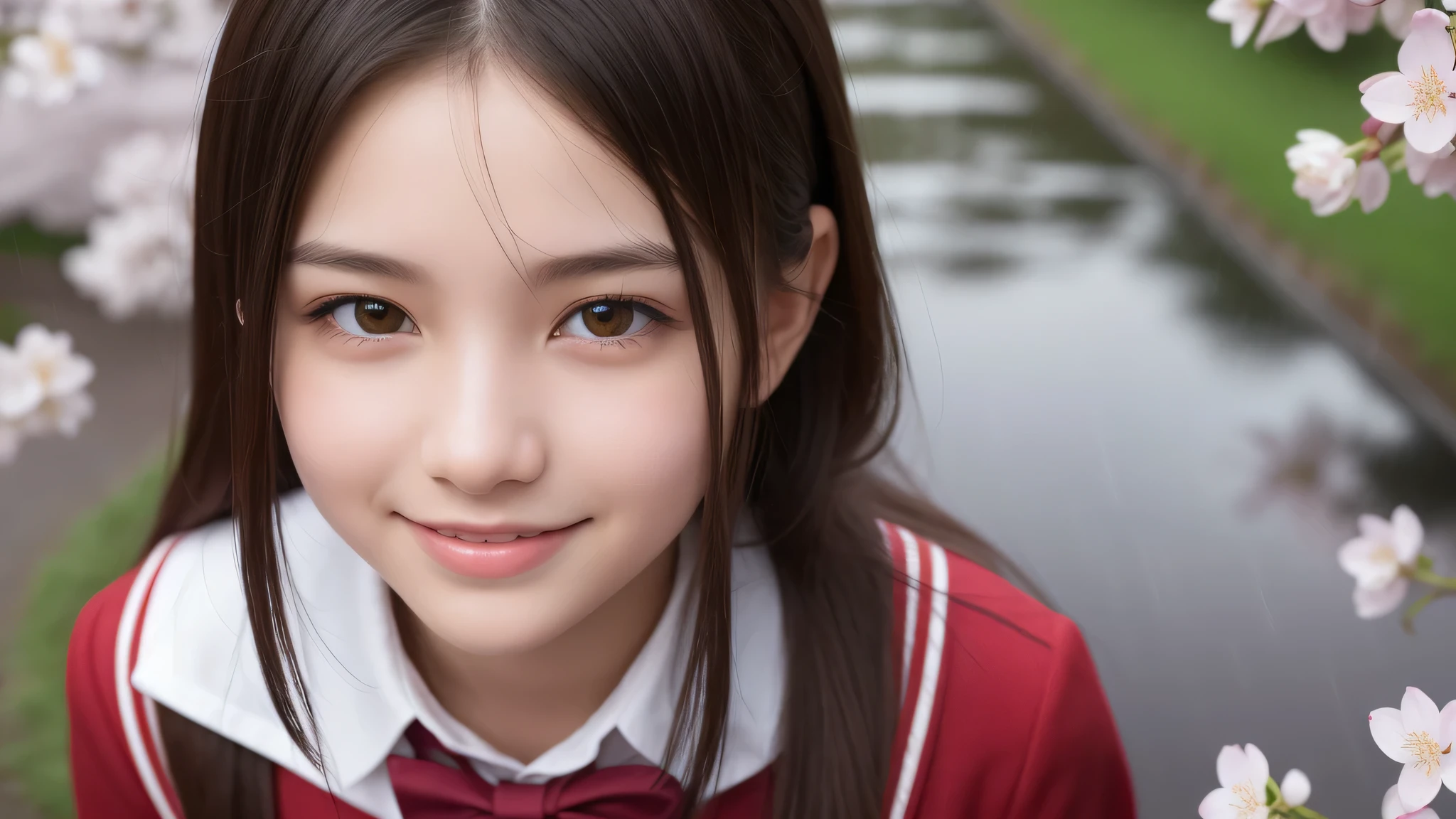 (1girl), (17yo), (young face:1.2), shy smile, (Best Quality:1.4), (Ultra-detailed), (extremely detailed beautiful face), Amazing face and eyes, brown eyes, (highly detailed Beautiful face), (high school uniform:1.2), (extremely detailed CG unified 8k wallpaper), Highly detailed, High-definition raw color photos, Professional Photography, Realistic portrait, Extremely high resolution, cute smiling, (cherry blossoms, rain, puddle:1.3) ,