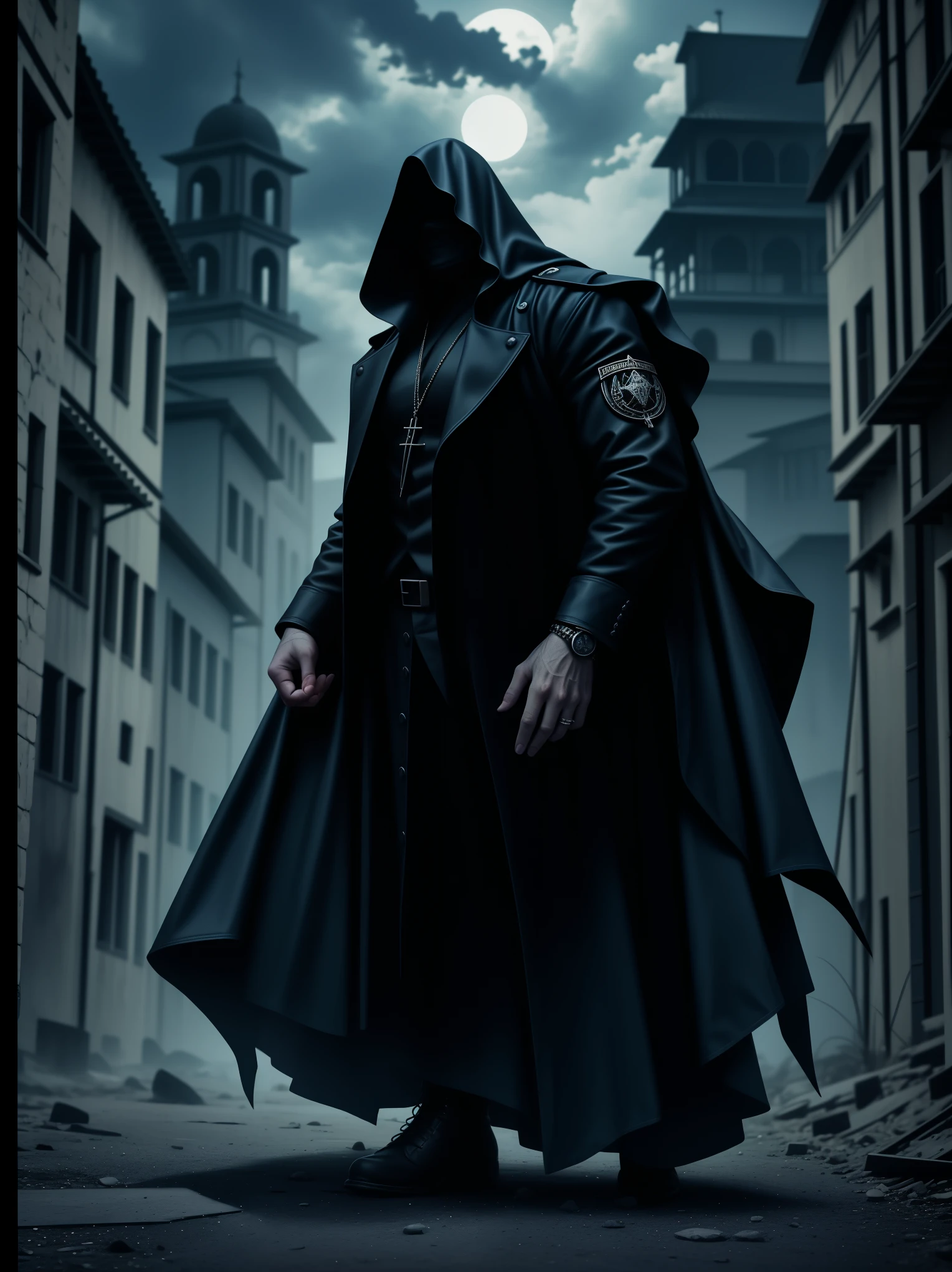 demon hunter, equipped with two pistols, with a large hat that partially covers his face, a masculine and battle-hardened man, wearing a long black trench coat, symbols of protection all over his body, purple glasses, pendants on his neck, rosary religious, ruthless and professional, work boots and an old watch in a pocket, in the background a city with a bell tower where the bells ring, dark atmosphere, 3d illustration, high quality, realistic and highly detailed, a masterpiece,Physically based representation，sosteniendo el arma con ambas manos，apuntar a ti