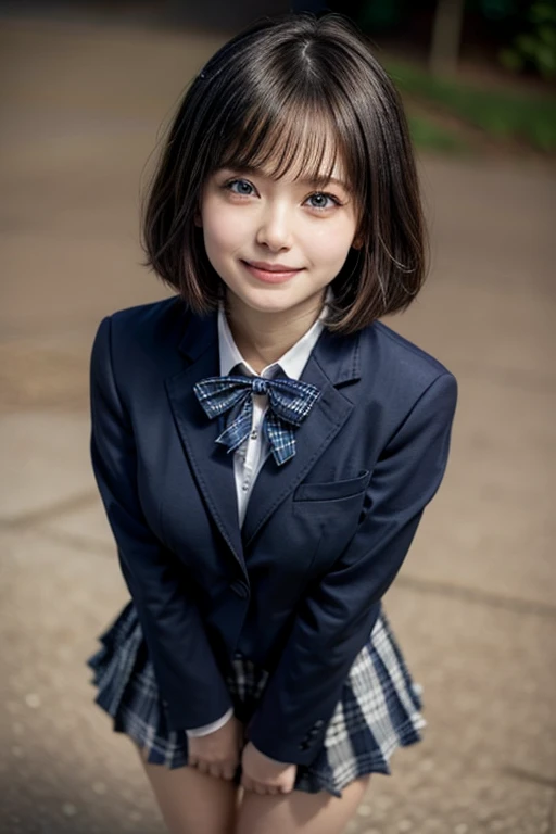 ((highest quality, 8K)), 1 high school girl, (big breasts:1.3), realistic, High resolution, (perfect anatomy, Whitening skin), (super detailed cute face,beautiful blue eyes), double eyelid, soft lighting, cinematic lighting, (blurred background:1.5), look straight at the viewer, (bob cut hair, bangs), (full shot, From above:1.5), My butt went up, expose thighs, ((wind lift:1.5)), ((navy blue blazer ,Plaid ribbon,shirt,pleated skirt)), (see white lace panties:0.0),School Bag, (smile,blush,panicking:1.5),blue sky,field,School zone