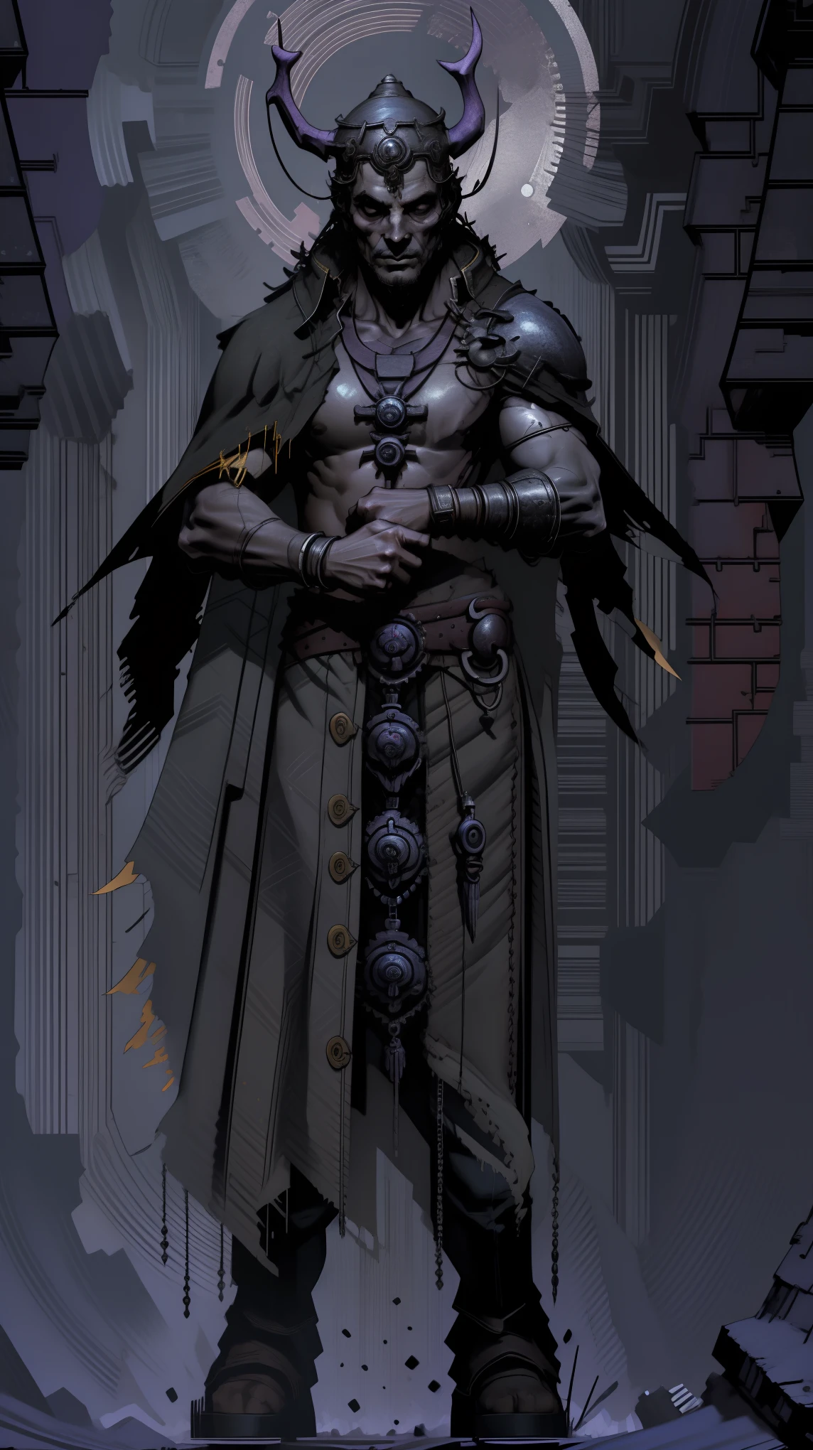 demon hunter, equipped with two pistols, with a large hat that partially covers his face, a masculine and battle-hardened man, wearing a long black trench coat, symbols of protection all over his body, purple glasses, pendants on his neck, rosary religious, ruthless and professional, work boots and an old watch in a pocket, in the background a city with a bell tower where the bells ring, dark atmosphere, 3d illustration, high quality, realistic and highly detailed, a masterpiece,Physically based representation，sosteniendo el arma con ambas manos，apuntar a ti