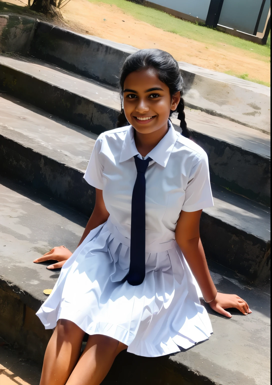 Raw photo , 1 girl ,Wearing white frock and color tie, white shoes ,sri lanka teen school girl, with plait, big breasts, sitting on the ground and spreading legs panty expose , professional photographer, (hdr:1.4), masterpiece, ultra-realistic 8k, perfect artwork, intrincate details, cute face, award winning photograph, (Best quality, 8k, 32k, Masterpiece, UHD:1.3) ,