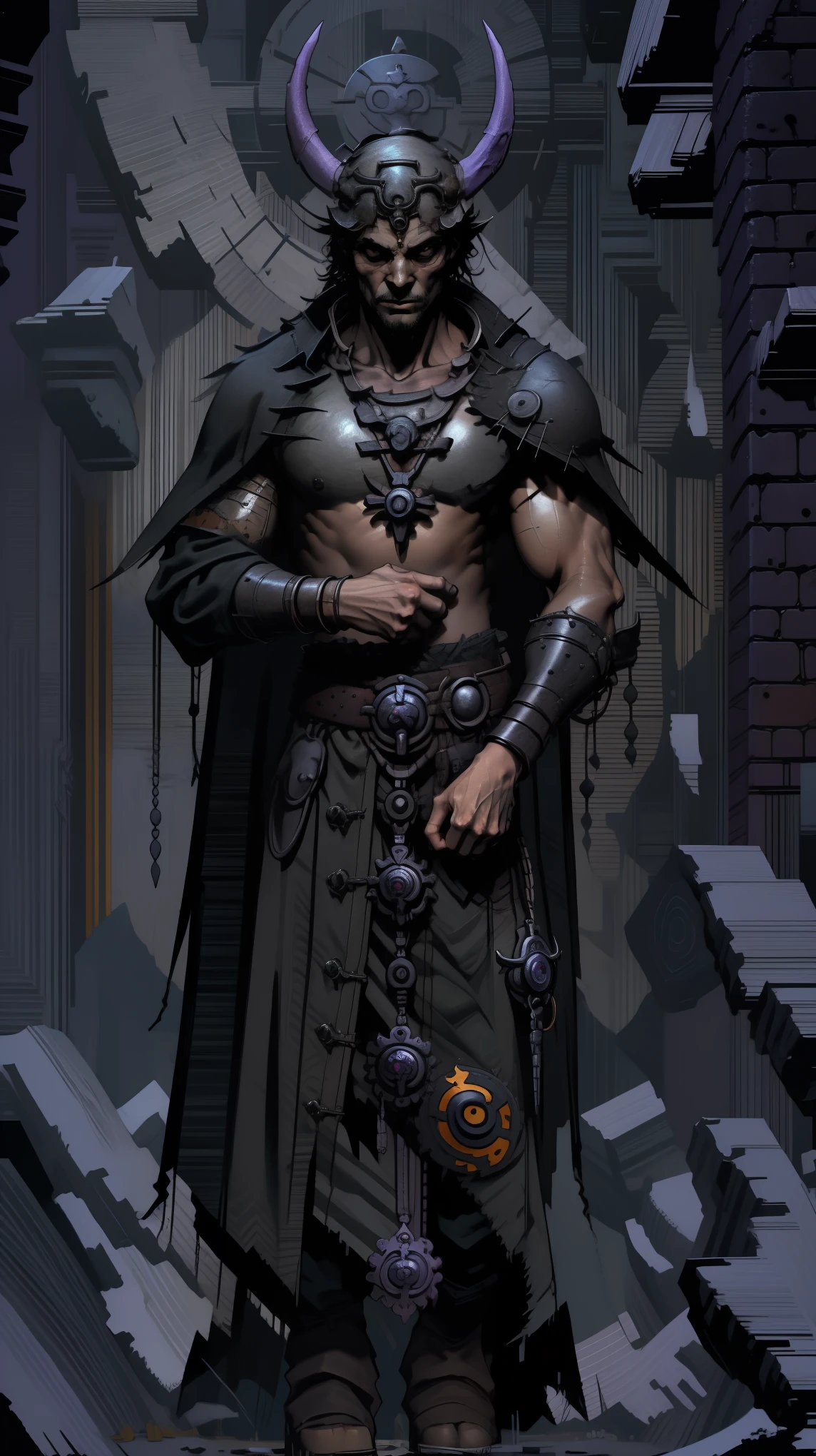 demon hunter, equipped with two pistols, with a large hat that partially covers his face, a masculine and battle-hardened man, wearing a long black trench coat, symbols of protection all over his body, purple glasses, pendants on his neck, rosary religious, ruthless and professional, work boots and an old watch in a pocket, in the background a city with a bell tower where the bells ring, dark atmosphere, 3d illustration, high quality, realistic and highly detailed, a masterpiece,Physically based representation，sosteniendo el arma con ambas manos，apuntar a ti