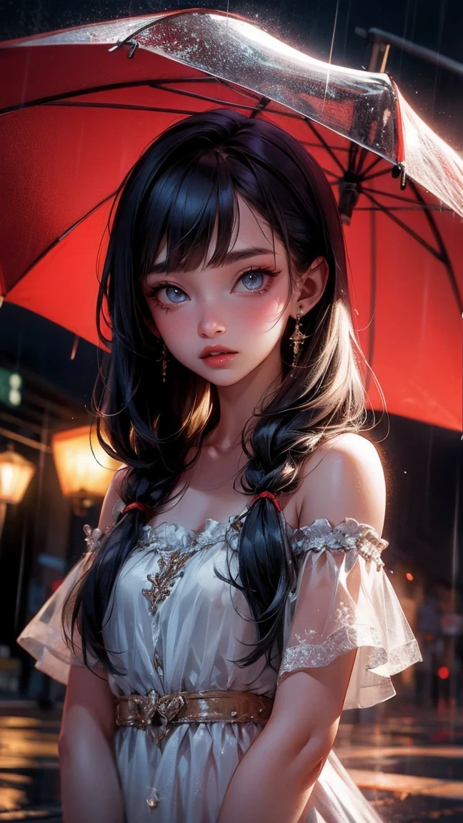 Cute Girl, cowboy shot,((Best quality, 8k, lace maxi dress, standing in the rain, red light district, highly detailed face and skin texture, detailed eyes, double eyelids.)