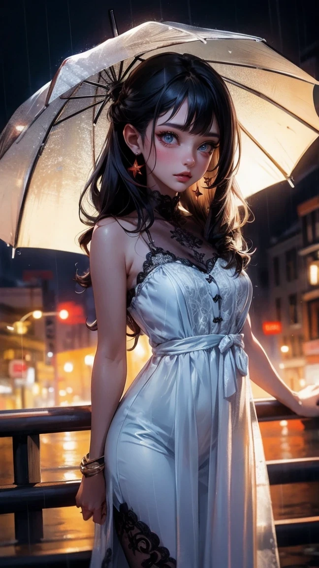 (standing in a dark street),(road light),(low-key lighting),(night),Random posture, (An extremely delicate and beautiful work), (masterpiece), 1girl, a girl in a white dress, highly detailed, waist leaking, ponytail contorted, charming expression, beautiful and clear eyes, green eye pupil, delicate necklace, delicate earrings, fairy ears, simple blurred background, extreme detail description, beautiful, charming, ultra-fine painting, delicate face, delicate figure, Fine collarbones, lovely lips, beautiful breasts, soft behind, mix4,(8k, RAW photo, best quality, masterpiece:1.2), (realistic, photo-realistic:1.37),1girl,cute,cityscape, night, rain, wet, professional lighting, photon mapping, radiosity, physically-based rendering,