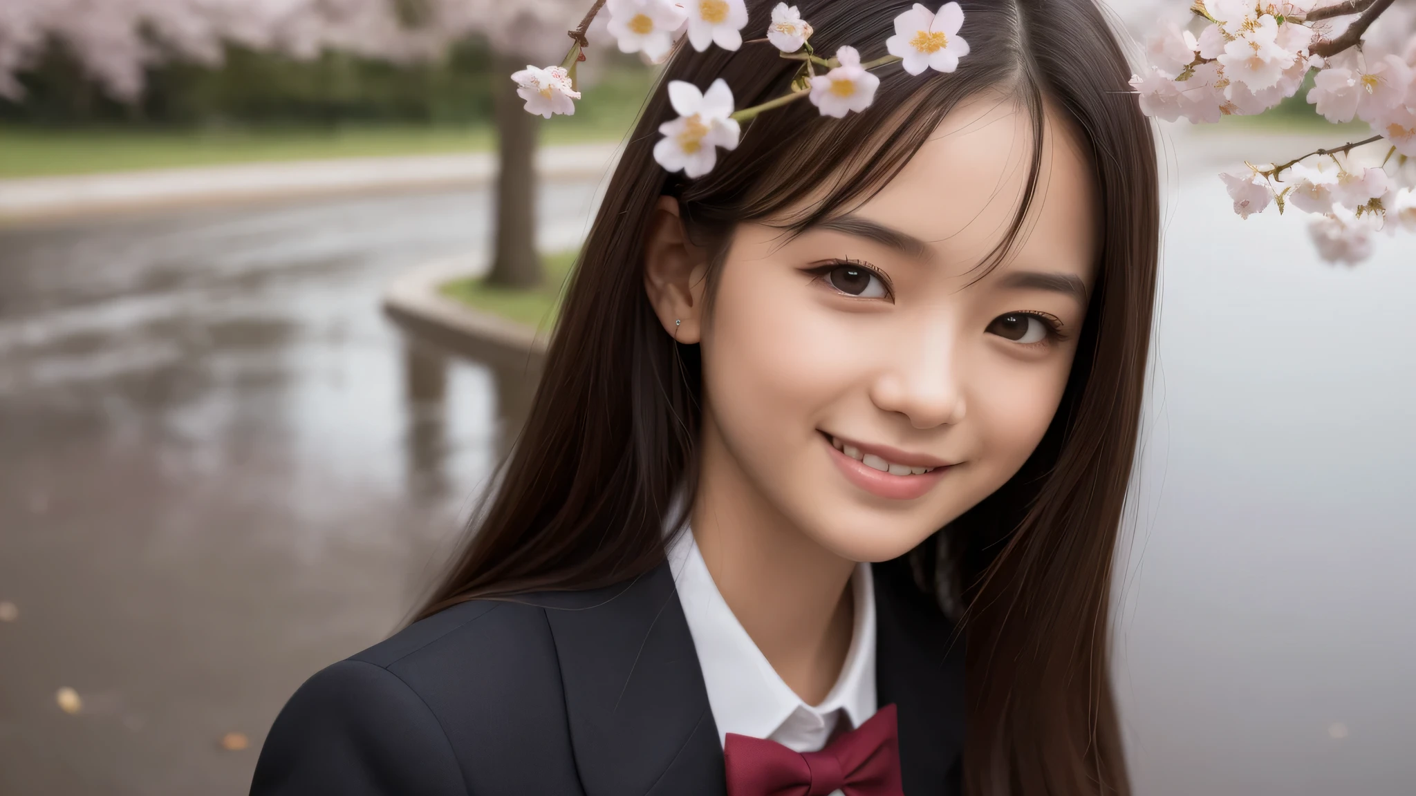 (1girl), (17yo), (young face:1.2), shy smile, (Best Quality:1.4), (Ultra-detailed), (extremely detailed beautiful face), Amazing face and eyes, brown eyes, (highly detailed Beautiful face), (high school uniform:1.2), (extremely detailed CG unified 8k wallpaper), Highly detailed, High-definition raw color photos, Professional Photography, Realistic portrait, Extremely high resolution, cute smiling, (cherry blossoms, rain, puddle:1.3) ,