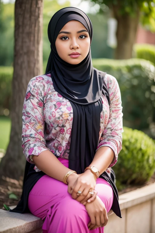 Close up),RAW, Best quality, high resolution, masterpiece: 1.3), Beautiful Malay woman in hijab,perfect fit body, big breast,sthick thighs,big beautiful eyes, Soft smile, beautiful face,very beutifull face,lip glosy, watery eyes, close up of a woman wearing a floral shirt and black pants, lovely woman, malay women, hijab, very beautifull girl, with beautiful exotic, wearing beautiful clothes, cute woman, young and cute girl, beautiful pretty young, beautiful female, attractive girl, beautiful malay woman, beautiful, muslim, wearing a blouse, beautiful  woman dress and cloth ,Great lighting, Bright colors, Clean lines , background bokeh. 