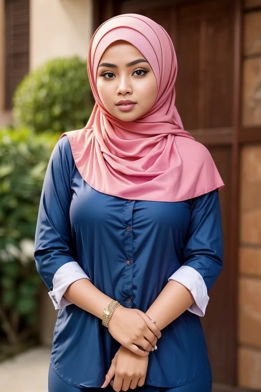 Close up),RAW, Best quality, high resolution, masterpiece: 1.3), Beautiful Malay woman in hijab,perfect fit body, big breast,sthick thighs,big beautiful eyes, Soft smile, beautiful face,very beutifull face,lip glosy, watery eyes, close up of a woman wearing a floral shirt and black pants, lovely woman, malay women, hijab, very beautifull girl, with beautiful exotic, wearing beautiful clothes, cute woman, young and cute girl, beautiful pretty young, beautiful female, attractive girl, beautiful malay woman, beautiful, muslim, wearing a blouse, beautiful  woman dress and cloth ,Great lighting, Bright colors, Clean lines , background bokeh. 