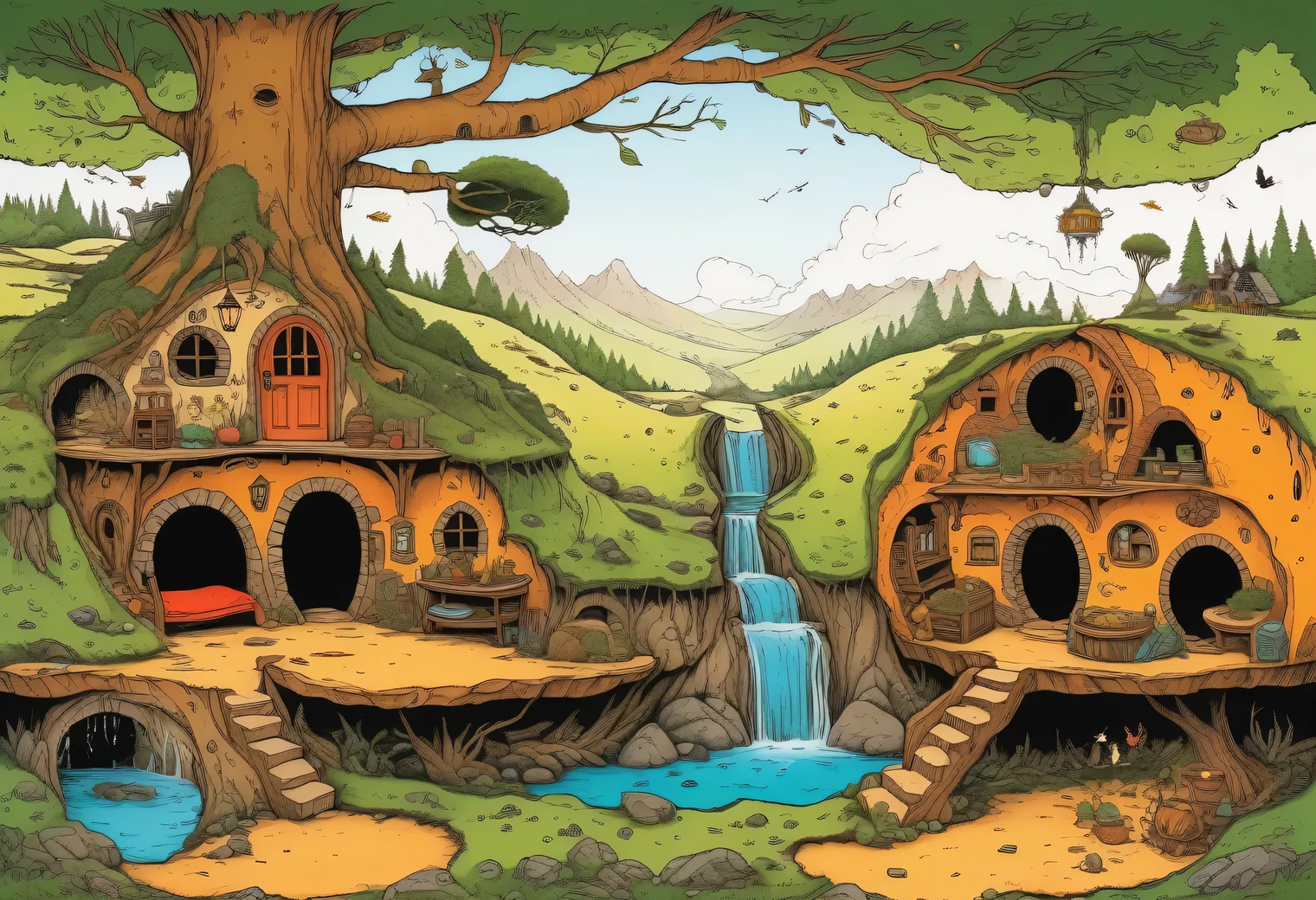 A complex picture of vector graphics, a surreal image of a cross-section of the earth with a large fairy-tale hole in which hobbits live, normally warm and cozy, clean decoration, a fictional fairy-tale atmosphere, a samovar, tea, pies, and above the bunk the earth is covered with forest and mosses, vector graphics, high resolution, clear contours, colorful gradients, high detailed, ultra-detailed