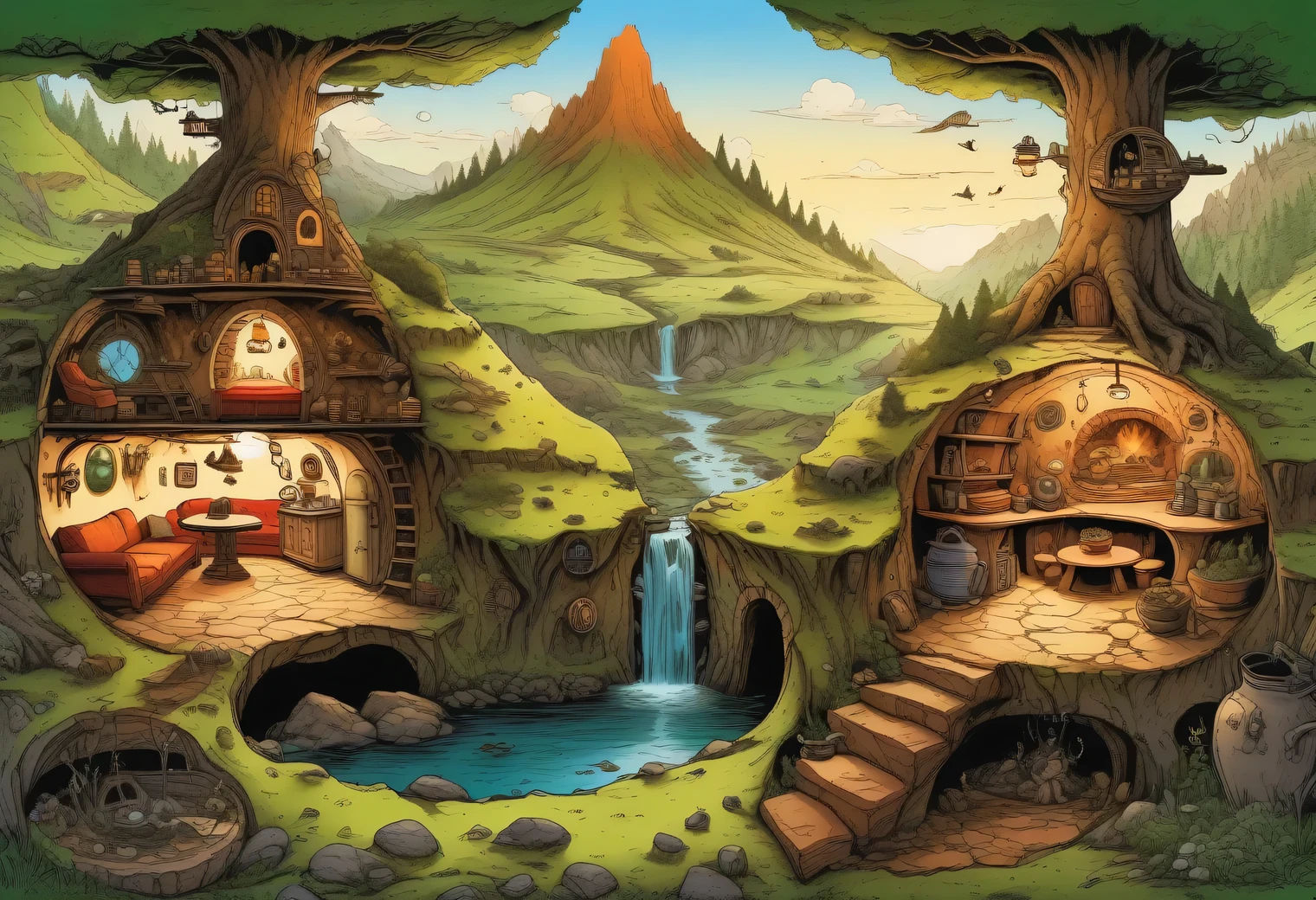 A complex picture of vector graphics, a surreal image of a cross-section of the earth with a large fairy-tale hole in which hobbits live, normally warm and cozy, clean decoration, a fictional fairy-tale atmosphere, a samovar, tea, pies, and above the bunk the earth is covered with forest and mosses, vector graphics, high resolution, clear contours, colorful gradients, high detailed, ultra-detailed