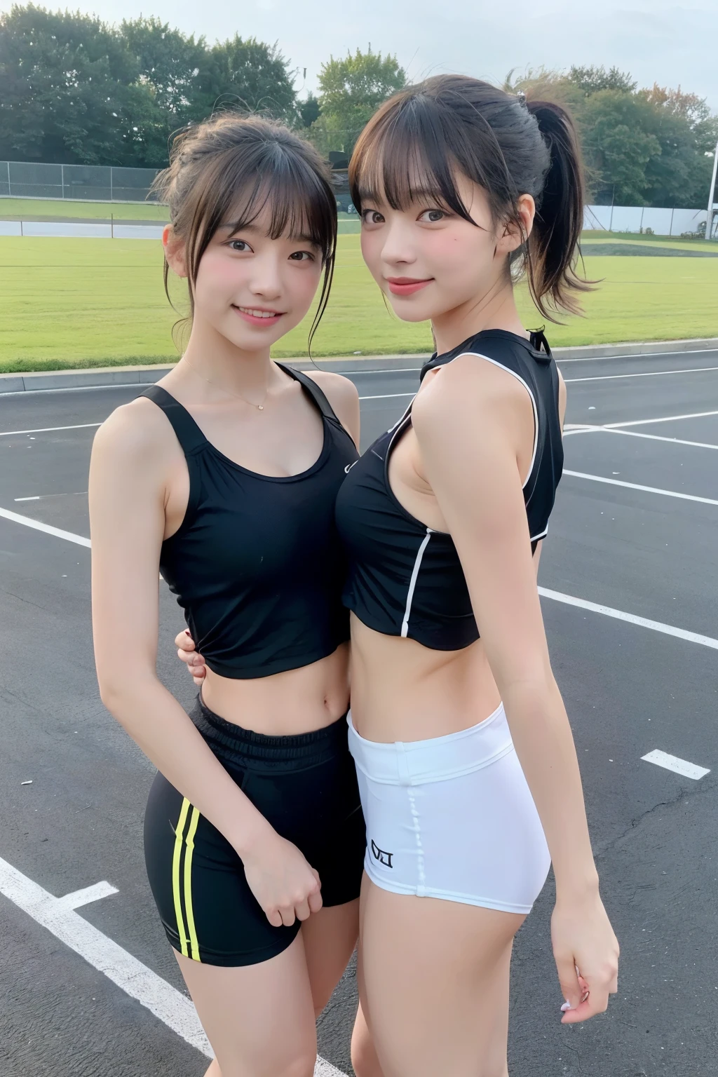 two girls at the track and field,wearing a track and field uniform、sports bra、beautiful butt、bloomers、Plump round butt,compression shorts,18-year-old,bangs,a little smile,thighs,knees,short cut hair,low ponytail,from below,front light、big breastoriman
