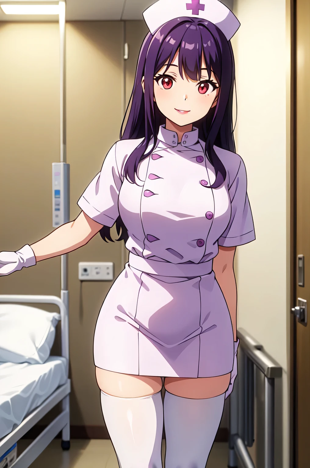 1woman, solo, nurse, white nurse cap, white nurse uniform, ((white legwear, zettai ryouiki)), white gloves, long hair, purple hair, red eyes, pink lips, smile, standing, ((hospital room)), sharp outline, short sleeves, mature female, 35 years old, best quality, masterpiece