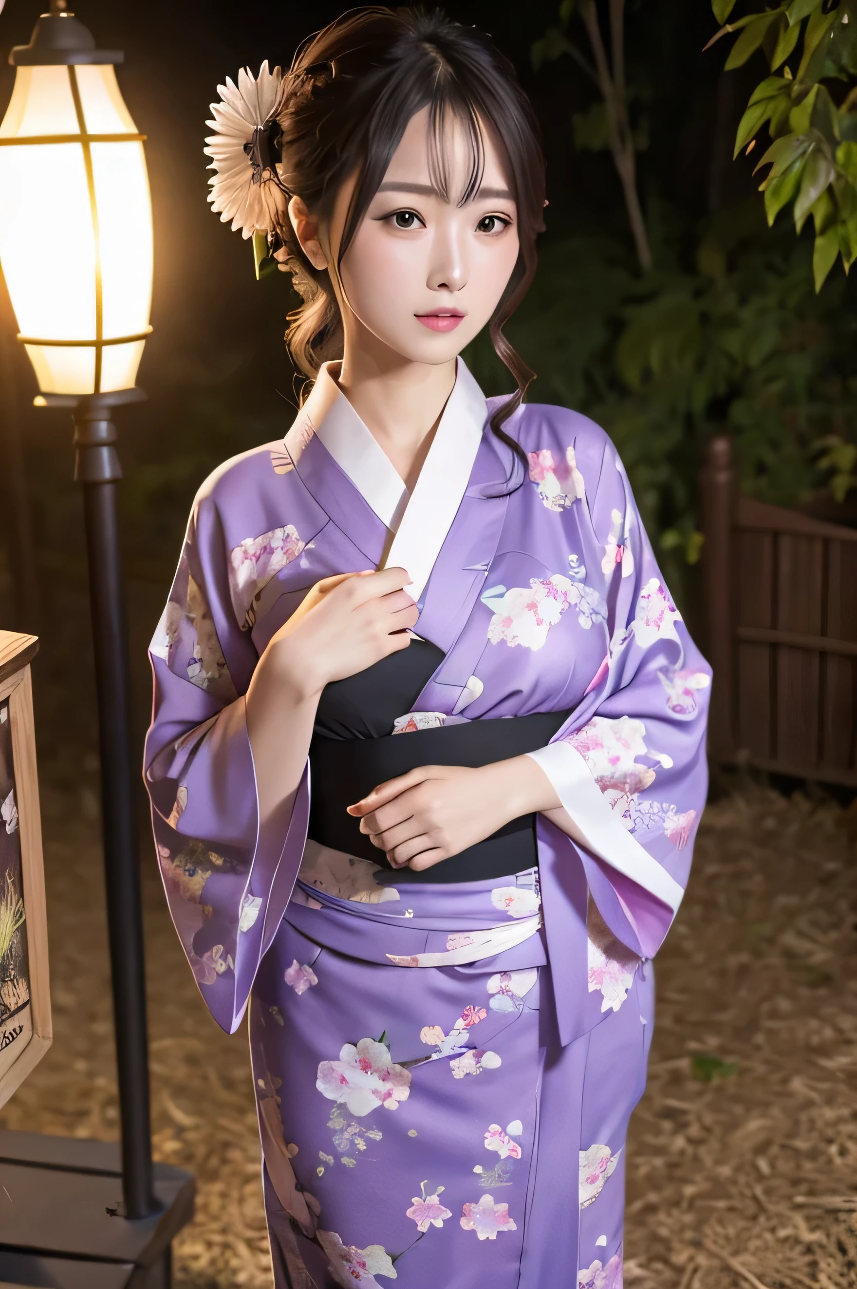 8k、RAW photo、highest quality、masterpiece:1.2)、High-definition RAW color photo、professional photos、Japanese、Beautiful woman、luxurious hair ornament、holding a lantern、Standing in front of an old shrine in the woods、night、(genuine、Photo geneuine:1.37)25 year old woman,cinematic light,(final details face:1.2)(masterpiece:1.2),(highest quality:1.2), (yukata: 1.2))