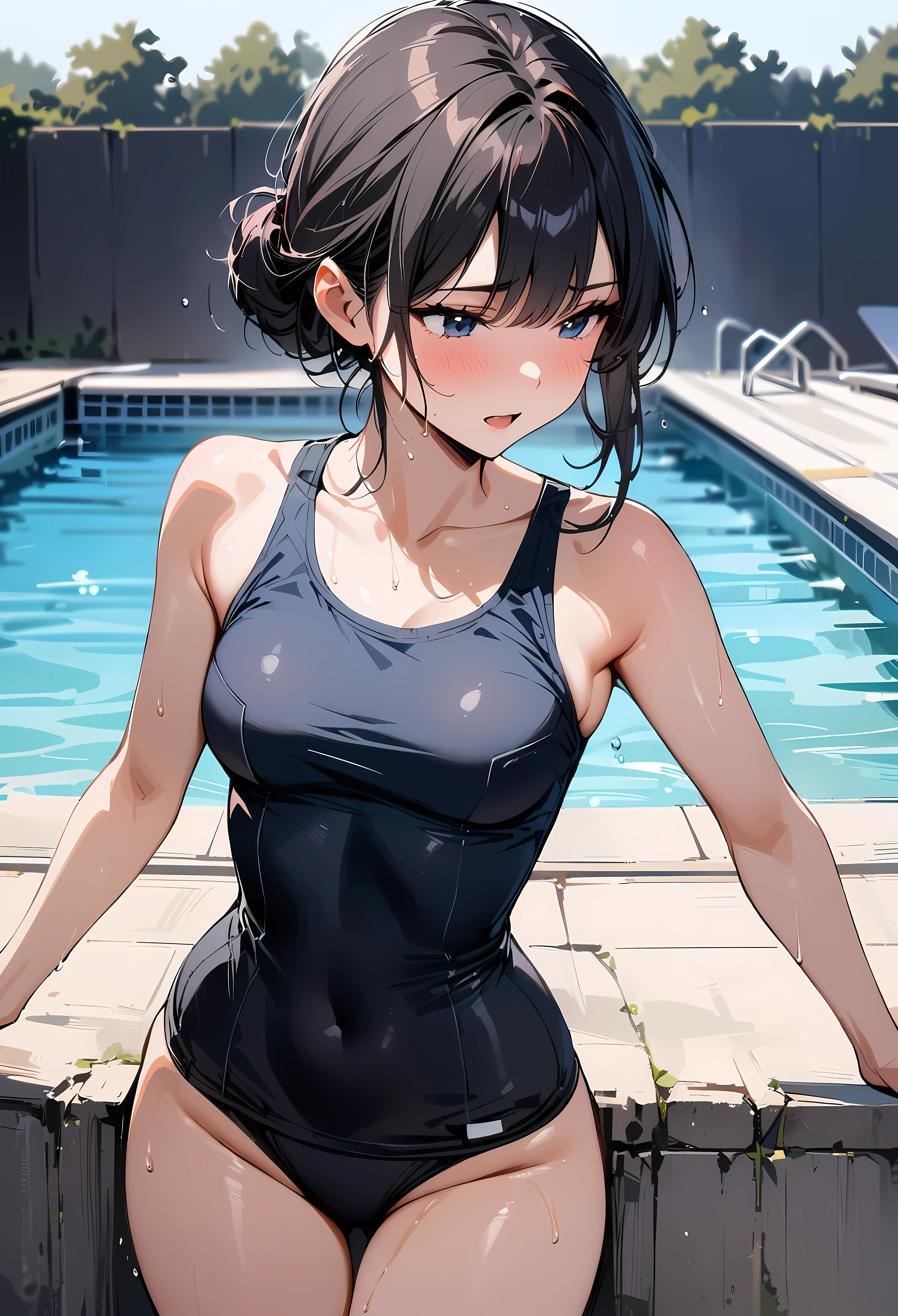 (masterpiece, best quality:1.2), 1 girl, alone , sexy , (school swimsuit), (cowboy shot) , black hair ,hair bun, (Sweat), (pool_backlground) , outdoor