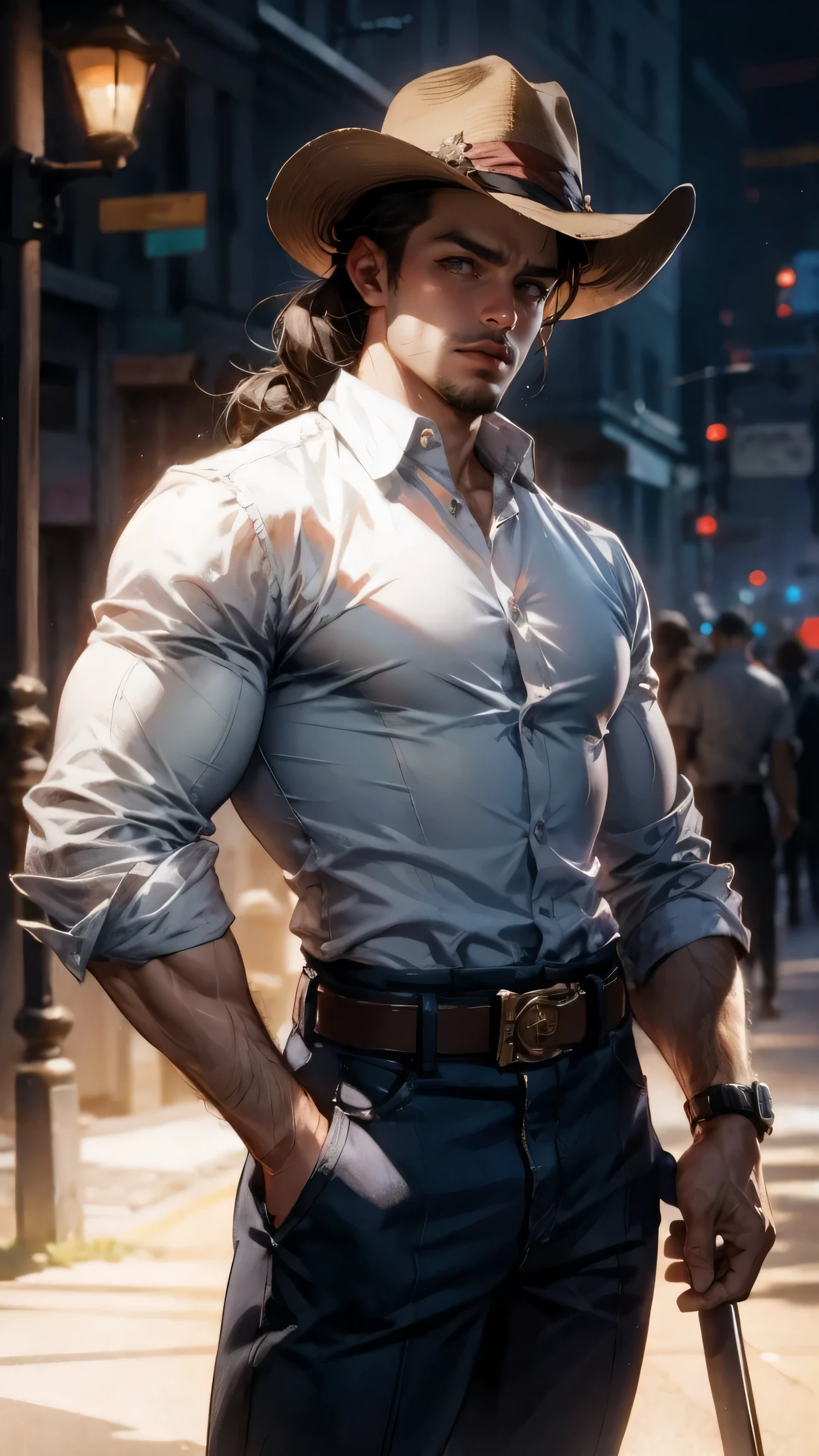 Cute Girl, cowboy shot,portrait of (sks man) in good mood, street fighter, attractive male, character design, dynamic lighting, cool and bright tint, painting by gaston bussiere, craig mullins, j. c. leyendecker, tom of finland