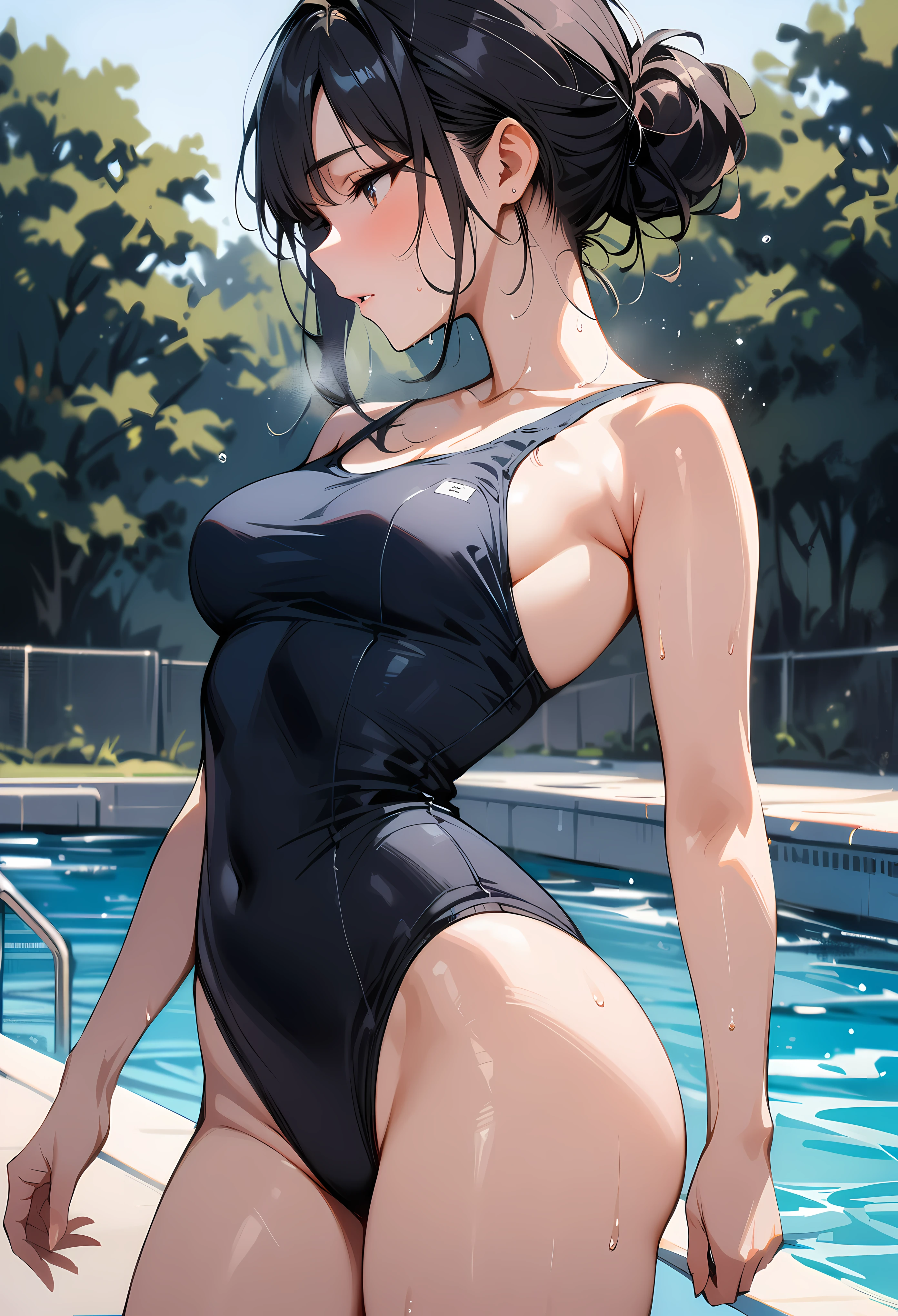 (masterpiece, best quality:1.2), 1 girl, alone , sexy , (school swimsuit), (cowboy shot) , black hair ,hair bun, (Sweat), (pool_backlground) , outdoor
