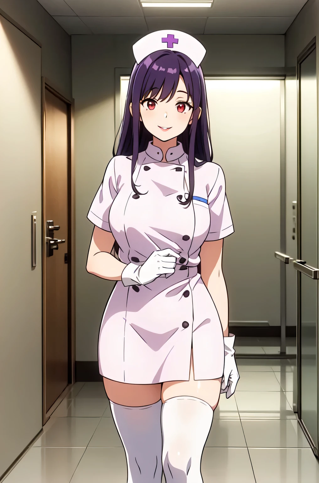 1woman, solo, nurse, white nurse cap, white nurse uniform, ((white legwear, zettai ryouiki)), white gloves, long hair, purple hair, red eyes, pink lips, smile, standing, ((hospital room)), sharp outline, short sleeves, mature female, 35 years old, best quality, masterpiece