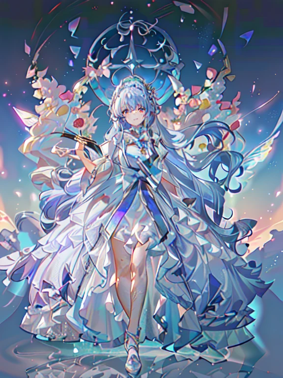 highest quality, Extremely detailed, beautiful, exquisite, 16k, Full HD, disorganized,soft expression,((light smile,Happy:1.5))((Sparkling fluffy layered ball gown)),A large and beautiful dress inspired by rose flowers, lots of flowers、frills、Intricate billowing ball gown with rhinestones ( table top, art station, fantasy art:1.2), See here,standing with an elegant smile,pastel colour,((giant white fairy wings))、gradient hair, light blue hair, hair blowing in the wind, wavy hair,fluffy hair,tiara,lavender eyes, long eyelashes, beautiful eyes、pale pink cheeks,pointy ears, bright pupils, long and thin legs, golden hour, bright light, warm lighting,