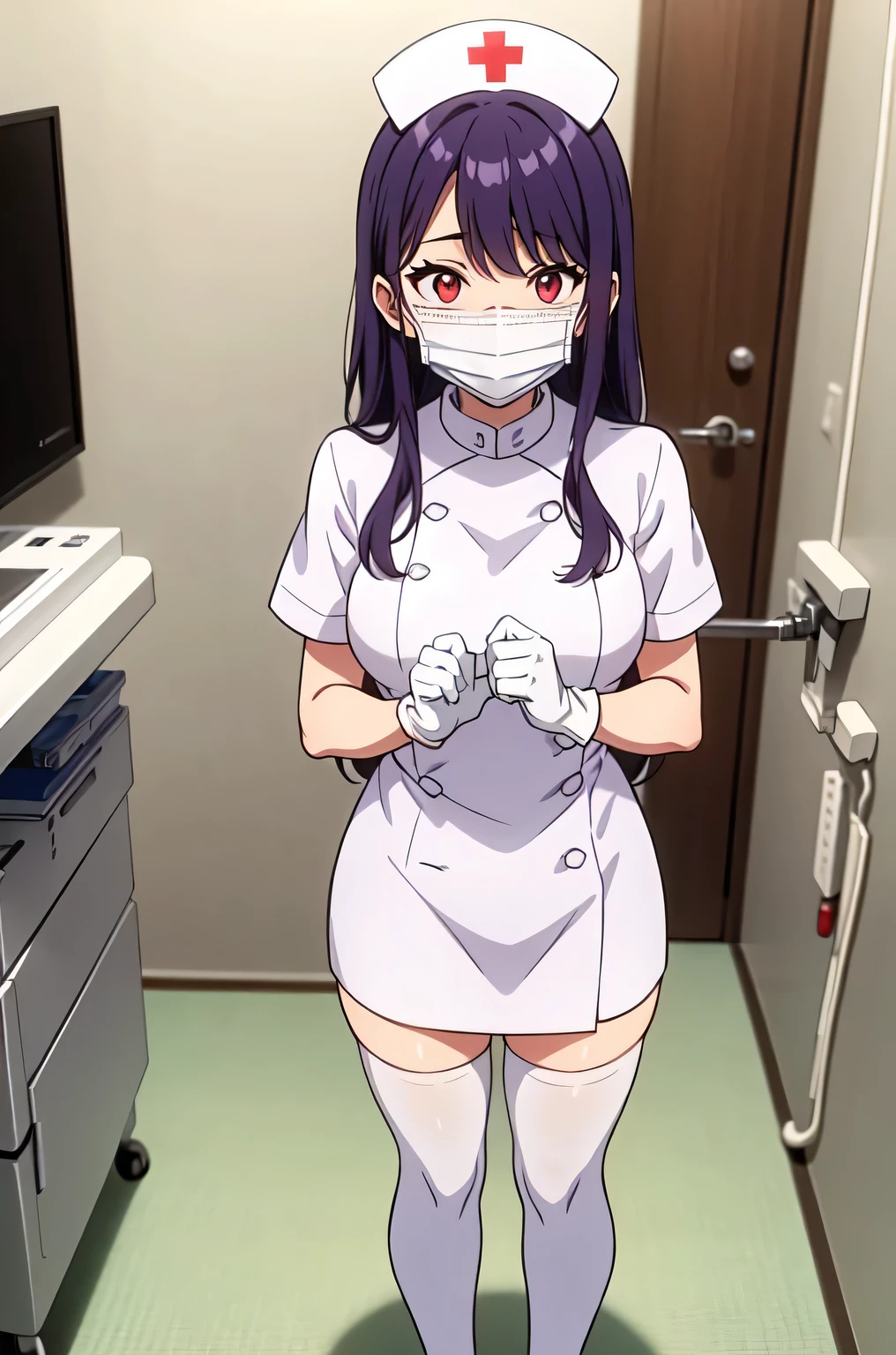 1woman, solo, nurse, white nurse cap, white nurse uniform, ((white legwear, zettai ryouiki)), white gloves, long hair, purple hair, red eyes, ((white surgical mask, covered nose)), standing, ((hospital room)), sharp outline, short sleeves, mature female, 35 years old, best quality, masterpiece