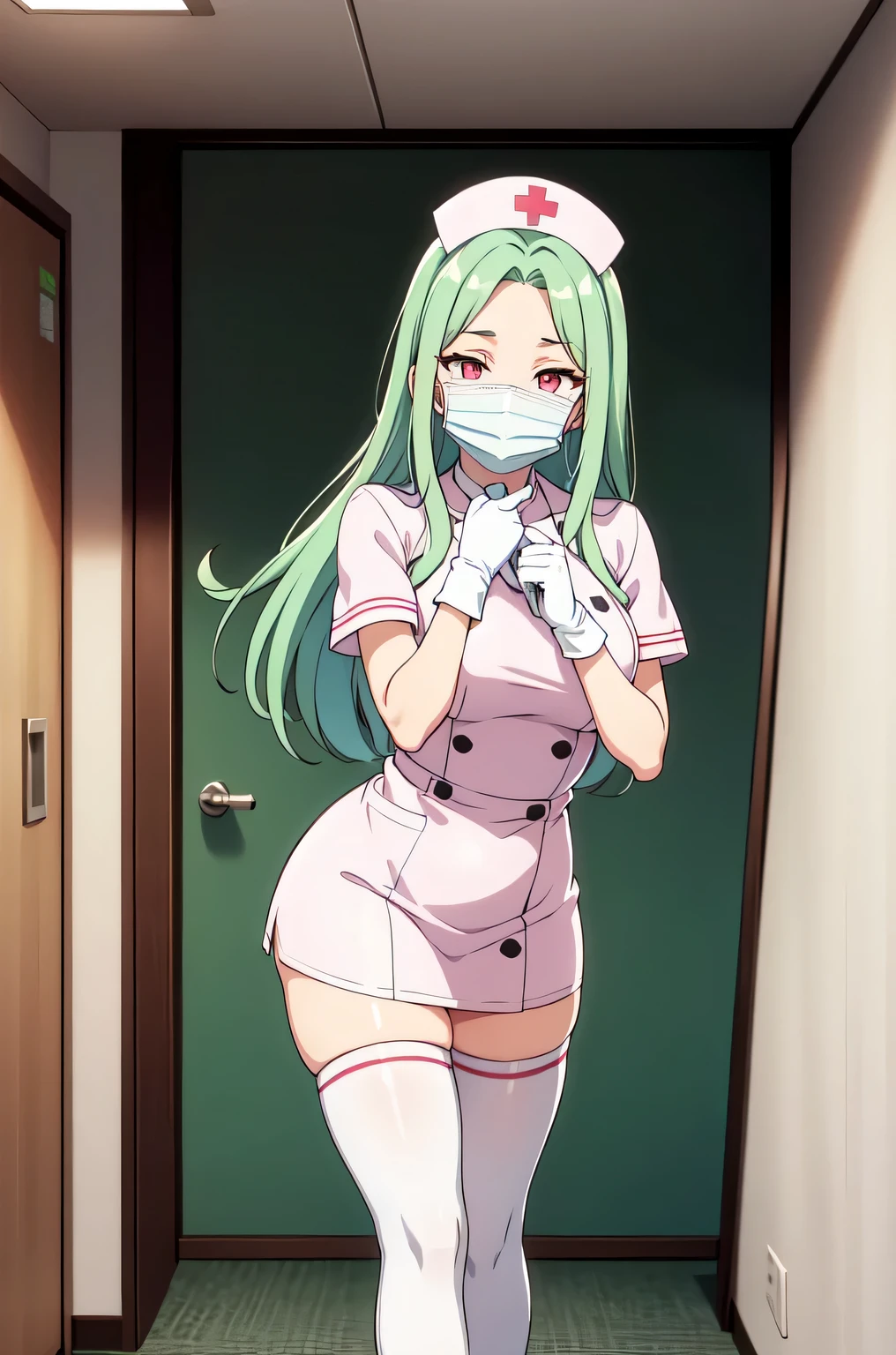 1woman, solo, nurse, white nurse cap, white nurse uniform, ((white legwear, zettai ryouiki)), white gloves, forehead, long hair, green hair, pink eyes, ((white surgical mask, covered nose)), standing, ((hospital room)), sharp outline, short sleeves, mature female, 35 years old, best quality, masterpiece
