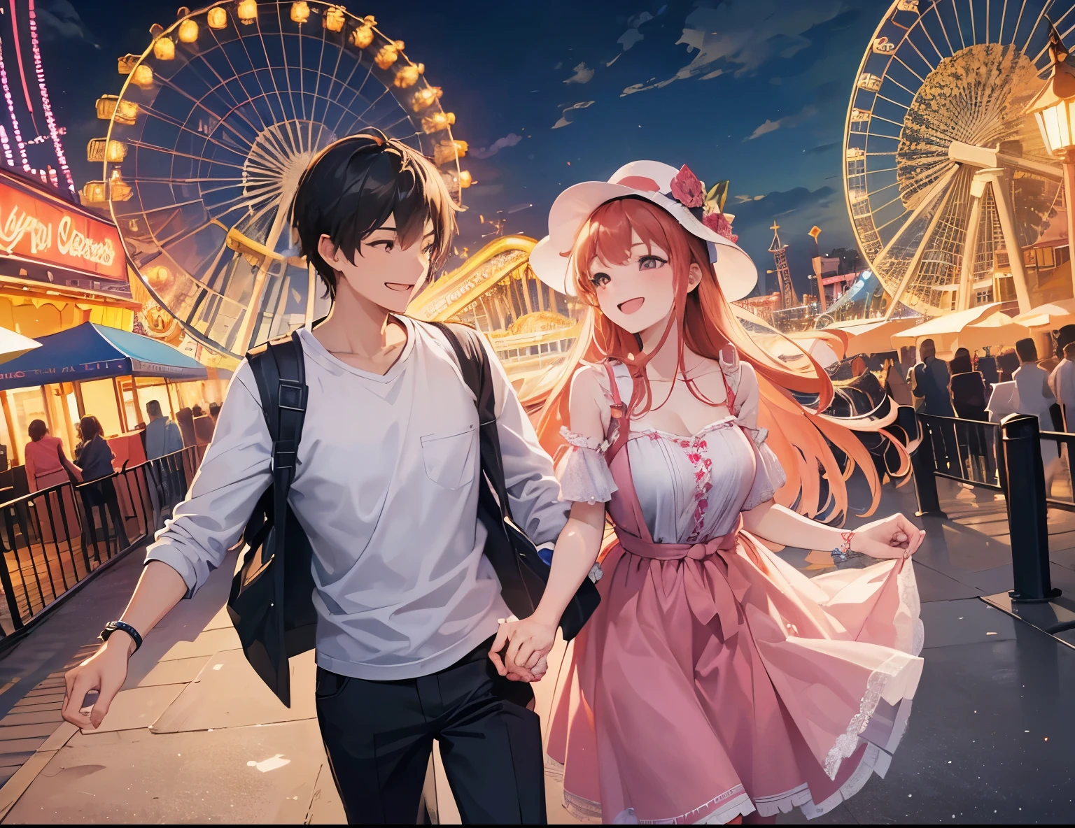 ((Best quality, A high resolution, Masterpiece:1.2)), (Romantic), (couple:1) ,(Clear facial features), (happy smile), a couple having a date in an amusement park, amusement park, in front of ferris wheel, rollercoaster, smile, laugh, romantic atmosphere, Romantic couple, the couple has the same height, landscape