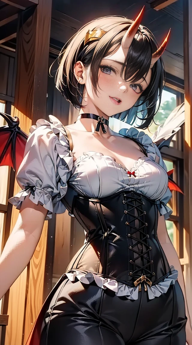 ((black short bob:1.8)), (shining purple eyes)beautiful, beautiful woman, perfect anatomy, perfect body, perfect breasts, ((A genie with a pair of demon wings spread out.:1.8, pair of short horns, red and black clothes, white corset, choker:1.6)), dark forest:1.6, captivating gaze, bewitching smile, (２book fang), realism, masterpiece, rough skin , Super detailed, high detail, high quality, 最high quality, 1080p, 16k, (濃いeye make)