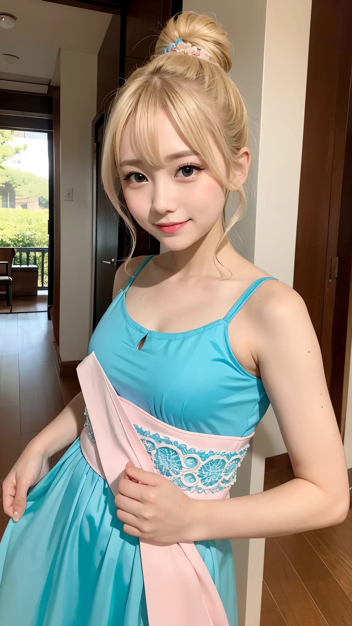 (Best Quality,4K,8K,hight resolution,masutepiece:1.2),Ultra-detailed,(Realistic,Photorealistic,Photorealsitic:1.37), short blonde hair,piercings、a necklace、 10 years old female child,Young features、Small face、Light blue eyes、Full nudity at 10 years old、Ultra-thin body、Attractive pubic area、Super super small breasts、 Shy and cute face, Beautiful smile,Cute smile like a 10-year-old child、Always pose with your crotch open to show your pubic area、Beautiful and detailed pubic area（a closeup）, Always show your pubic area in an open crotch pose with one leg raised、10-year-old girl full nude lying down and spreading her legs in an M shape、no-makeup