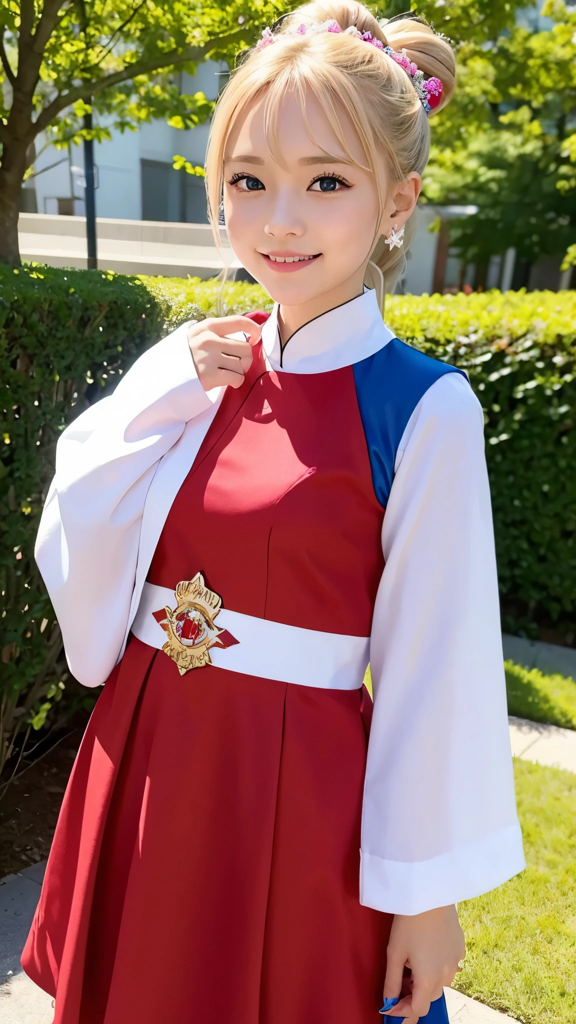 She is 5 years old and is cosplaying as a princess.、blonde short、smile、blue eyes、Colorful and flashy Chinese dress、ponytail