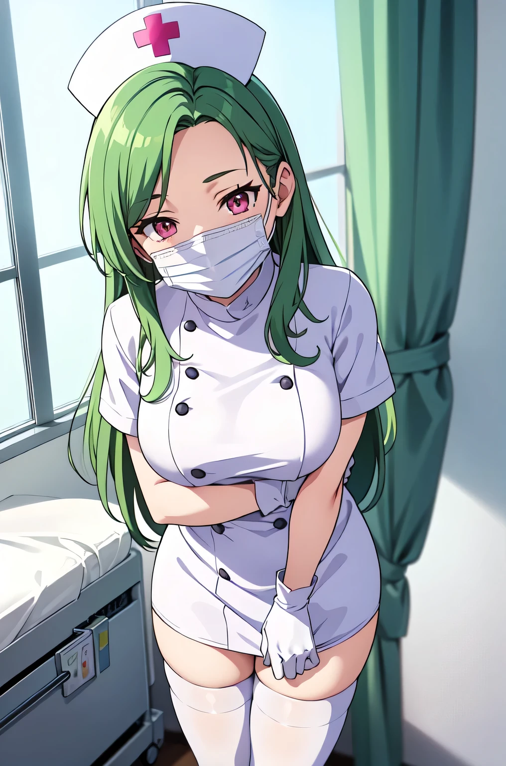 1woman, solo, nurse, white nurse cap, white nurse uniform, ((white legwear, zettai ryouiki)), white gloves, forehead, long hair, green hair, pink eyes, ((white surgical mask, covered nose)), standing, ((hospital room)), sharp outline, short sleeves, mature female, 35 years old, best quality, masterpiece