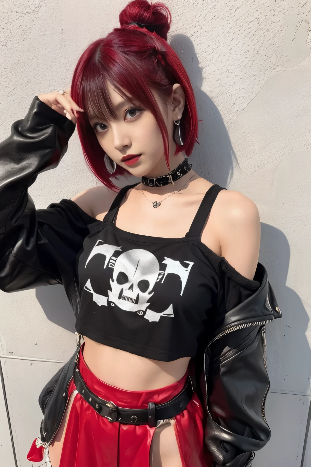 cute punk idol、whole body、good style、、、、、skull print red punk costume（off shoulder）、、Short hair