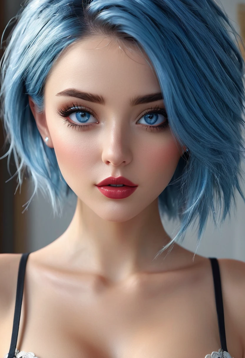(masterpiece:1.4, best quality), (intricate details), unity 8k wallpaper, ultra detailed, beautiful and aesthetic, perfect lighting, (1girl), (blue hair, blue eyes, medium breasts), dynamic pose, dynamic angle, lipstick, slim, slim body, medium breasts, (lora:Clothing+-:1), detailed background, realistic, solo, perfect detailed face, detailed eyes, highly detailed, blush, hair ornament, rolling_eyes, cross-eyed