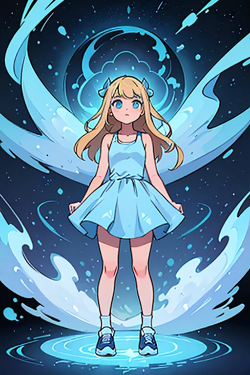 12 year old girl. blonde hair with blue high-lights. blue eyes. wearing an ocean dress . wearing blue sneakers. wearing white. standing straight. arms at the side. facing forward.whole body can be seen. cosmic background.