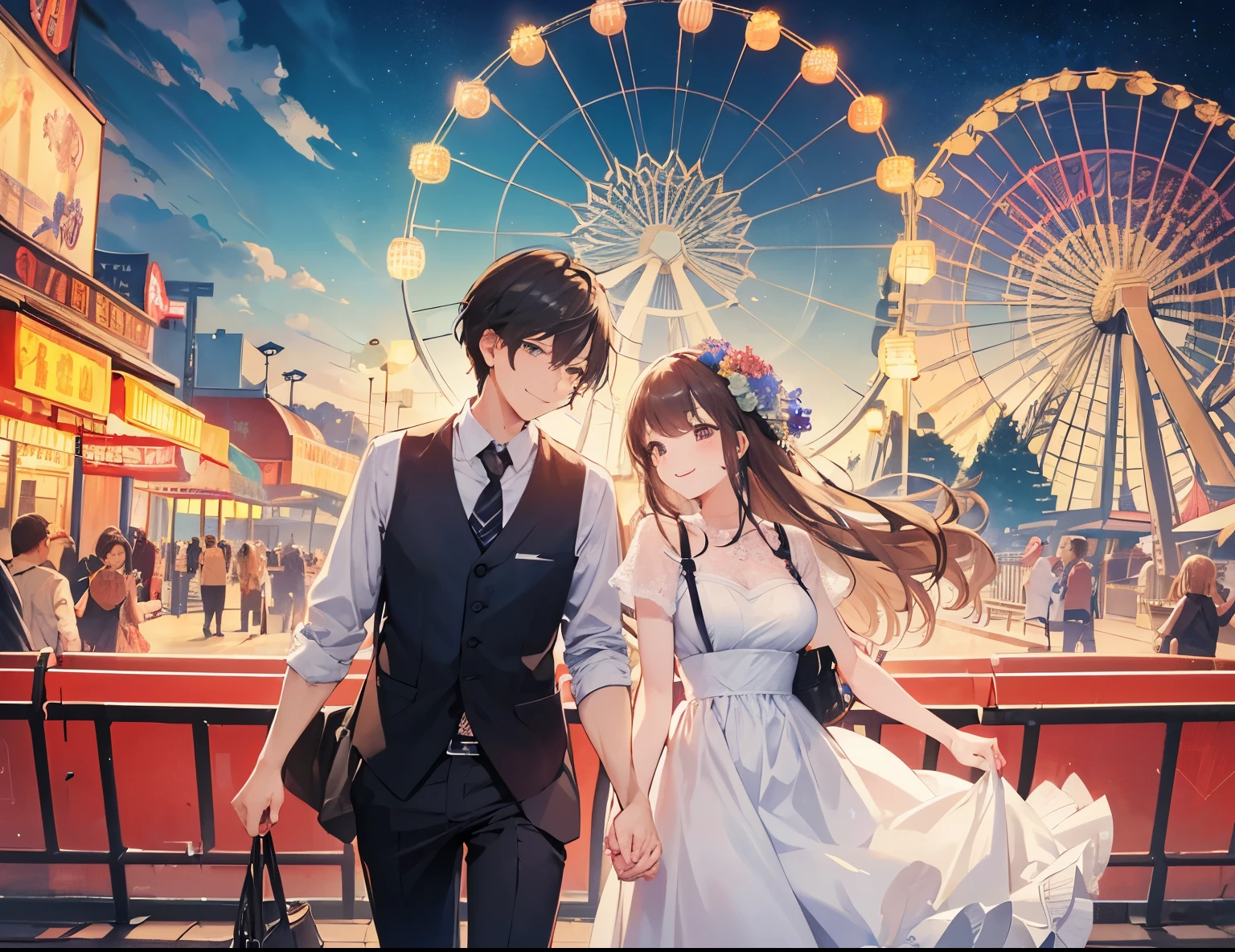 ((Best quality, A high resolution, Masterpiece:1.2)), (Romantic), (couple:1) ,(Clear facial features), (happy smile), a couple having a date in an amusement park, amusement park, in front of ferris wheel, rollercoaster, smile, laugh, romantic atmosphere, Romantic couple, the couple has the same height, landscape