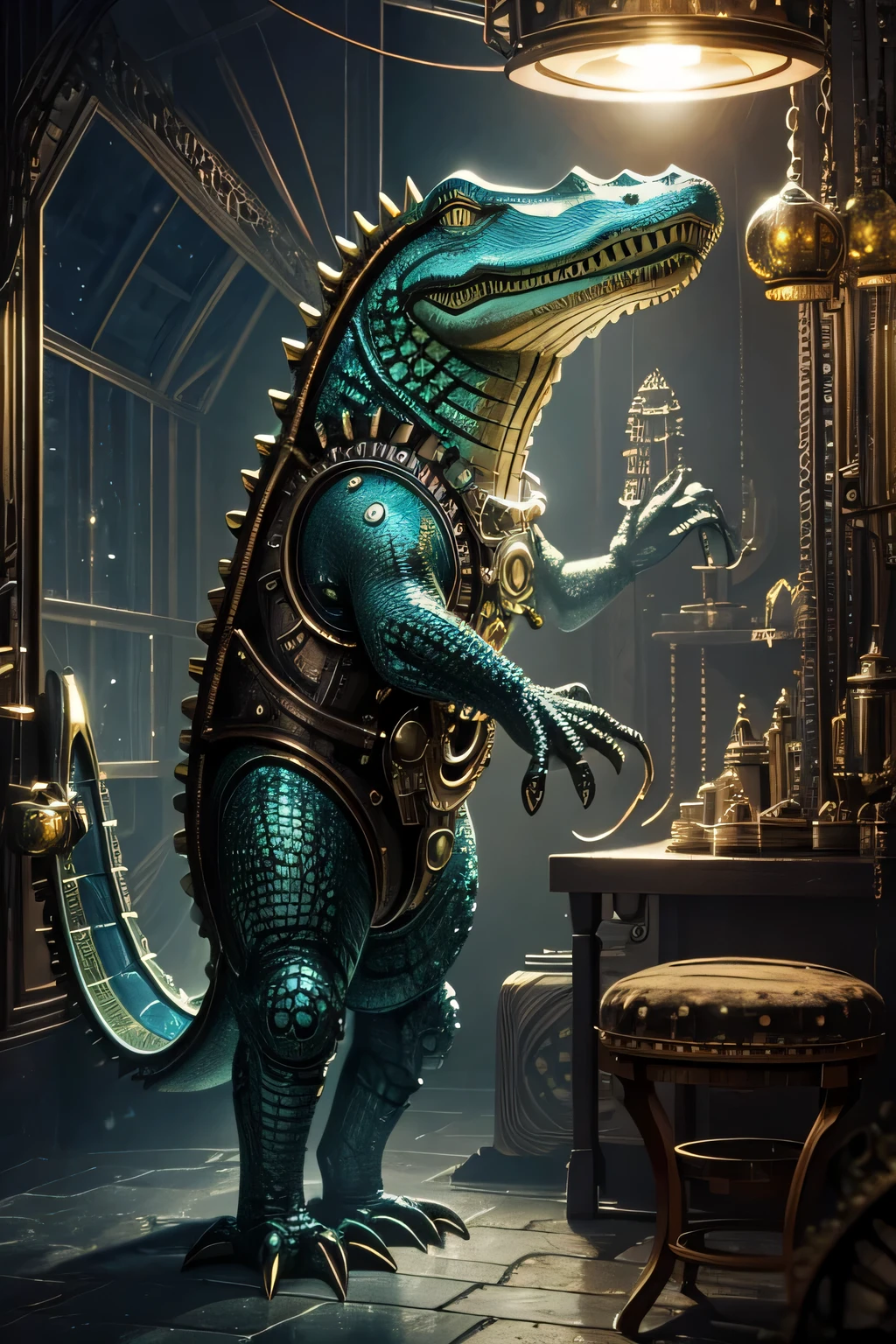 (best quality,4k,highres),steampunk alligator creature in a psychedelic mirror,infinitely repeated in a strange and surreal landscape,with vibrant colors and surreal lighting,reflecting its transformation from a clay figure to a mechanical steampunk beast,wearing a top hat and goggles,with rusty gears and cogwheels,emanating steam and emitting an aura of mystery and mechanical marvels,its metallic scales glistening under the otherworldly light,in a world where reality and fantasy blend seamlessly,creating an atmosphere of enchantment and wonder.