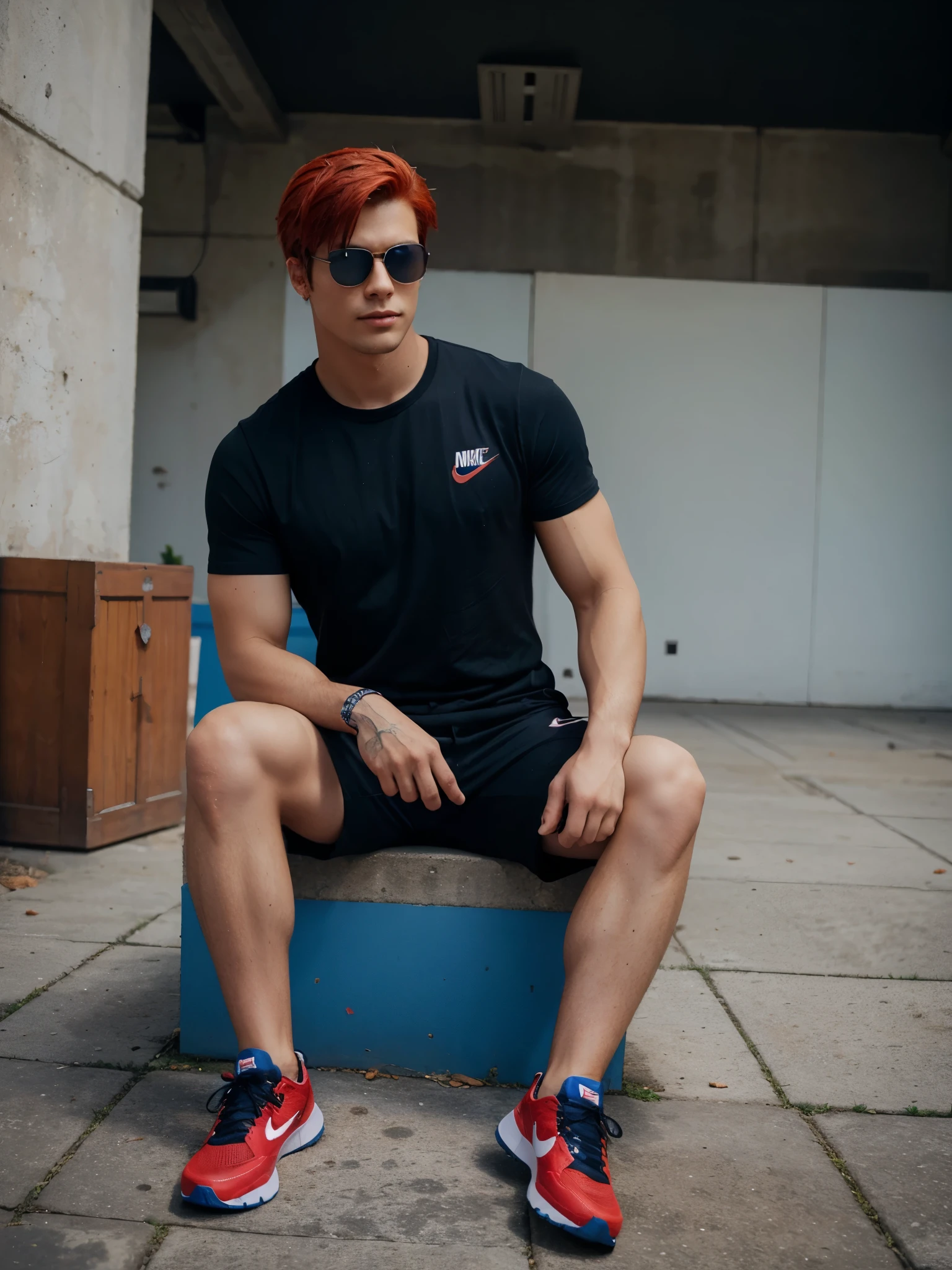 Hot boy very handsome with dark glasses with two beautiful guns and has a red and blue hair in an air nike shoe