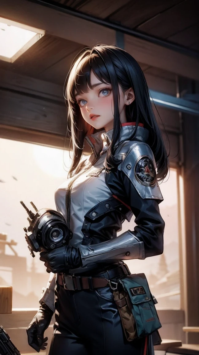 Cute Girl, cowboy shot,(best quality), Oriental detailed background, Science fiction,Mechanical arm,girl and guy , war, Monster Legion, technical clothing,, Uniform